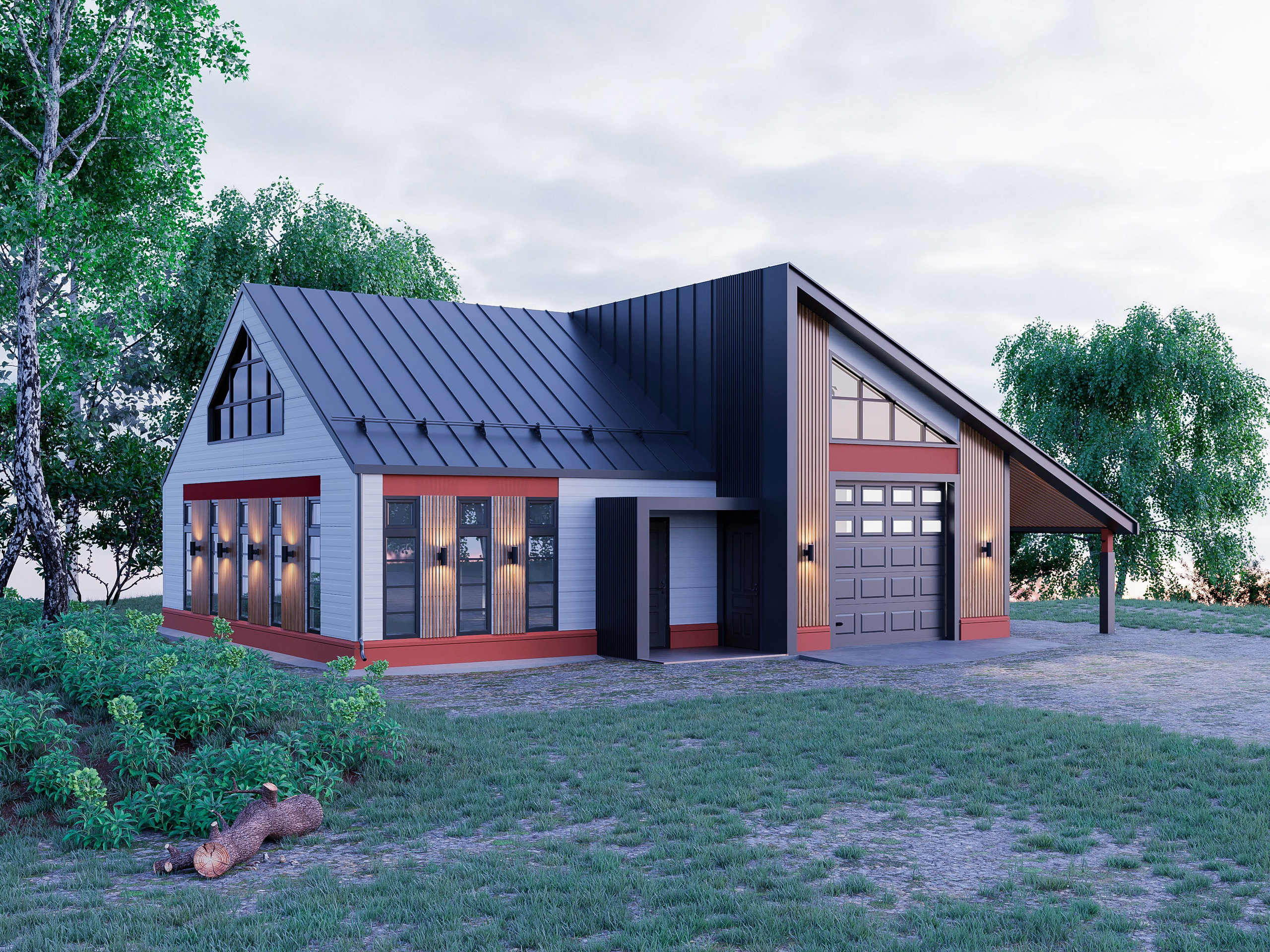 Технология строительства — ЛСТК с заполнением стен сэндвич-панелями. В качестве декора использованы фасонные элементы и древесно-полимерные композиты.