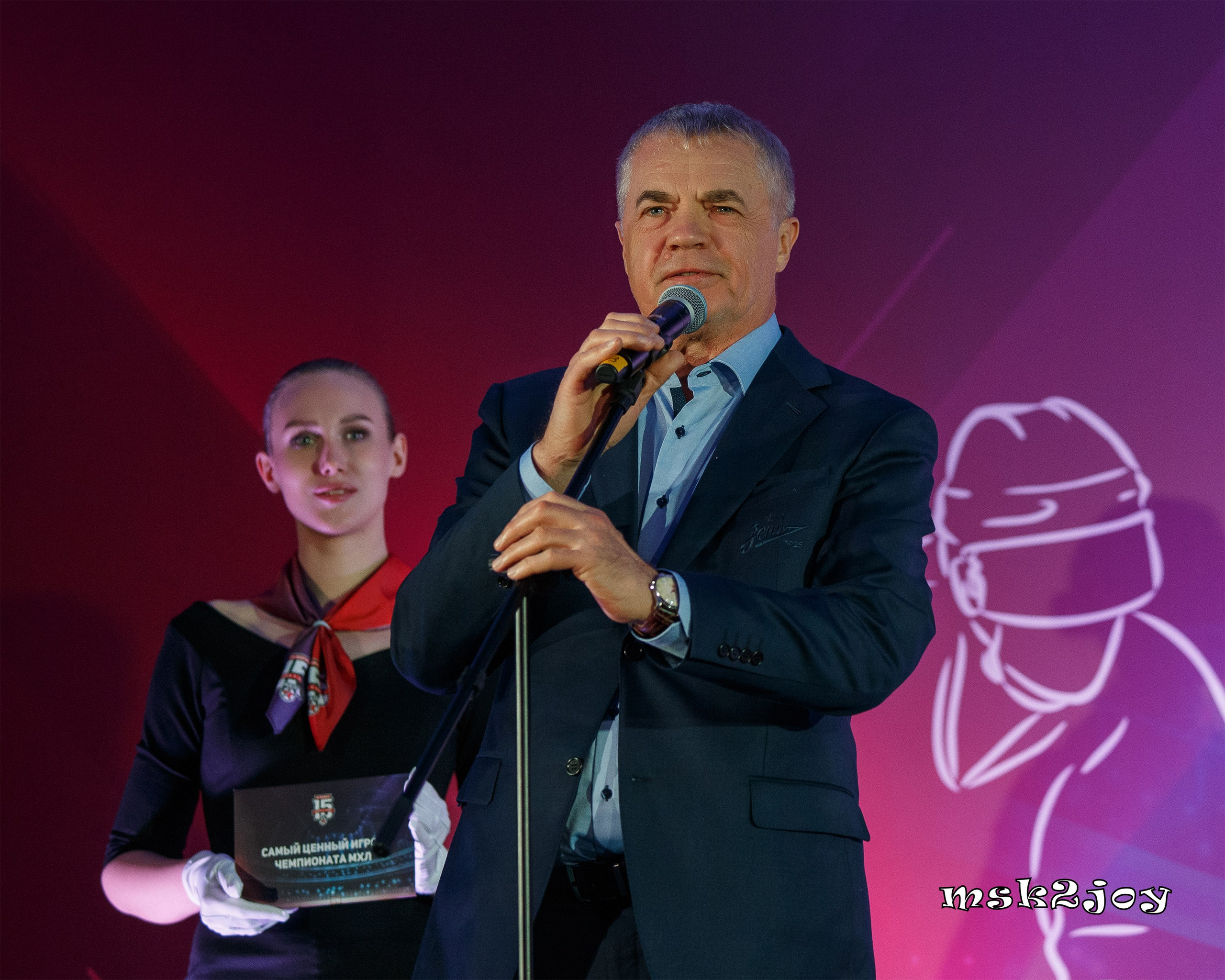 Председатель Совета директоров хоккейного клуба СКА - Медведев Александр Иванович выступает на церемонии закрытия сезона МХЛ 2023-2024