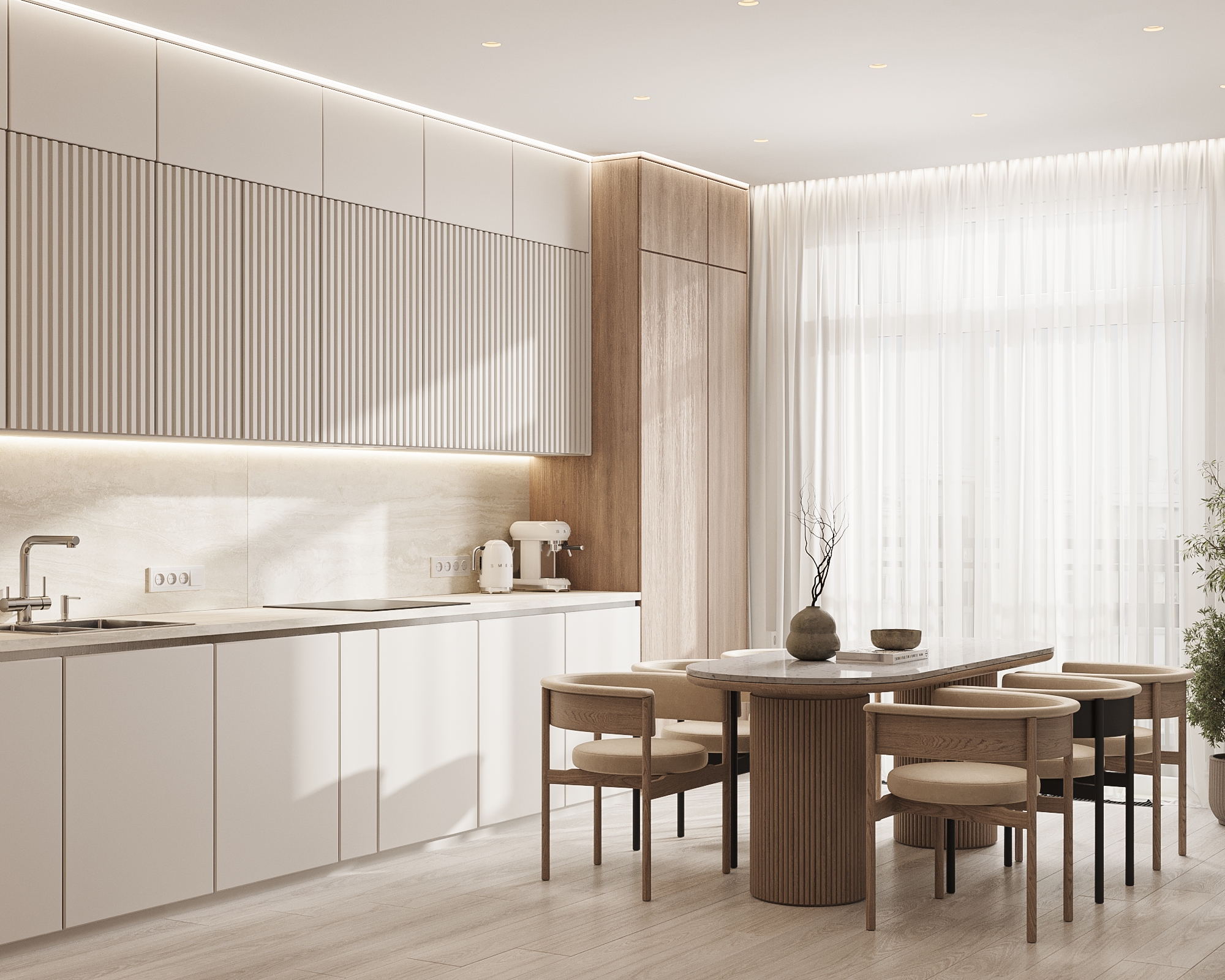 Светлая кухня-столовая с уютной обеденной зоной и лаконичным фасадом — интерьерный проект Ксении Новиковой ksudsgn в ЖК «Неоклассика», Санкт-Петербург