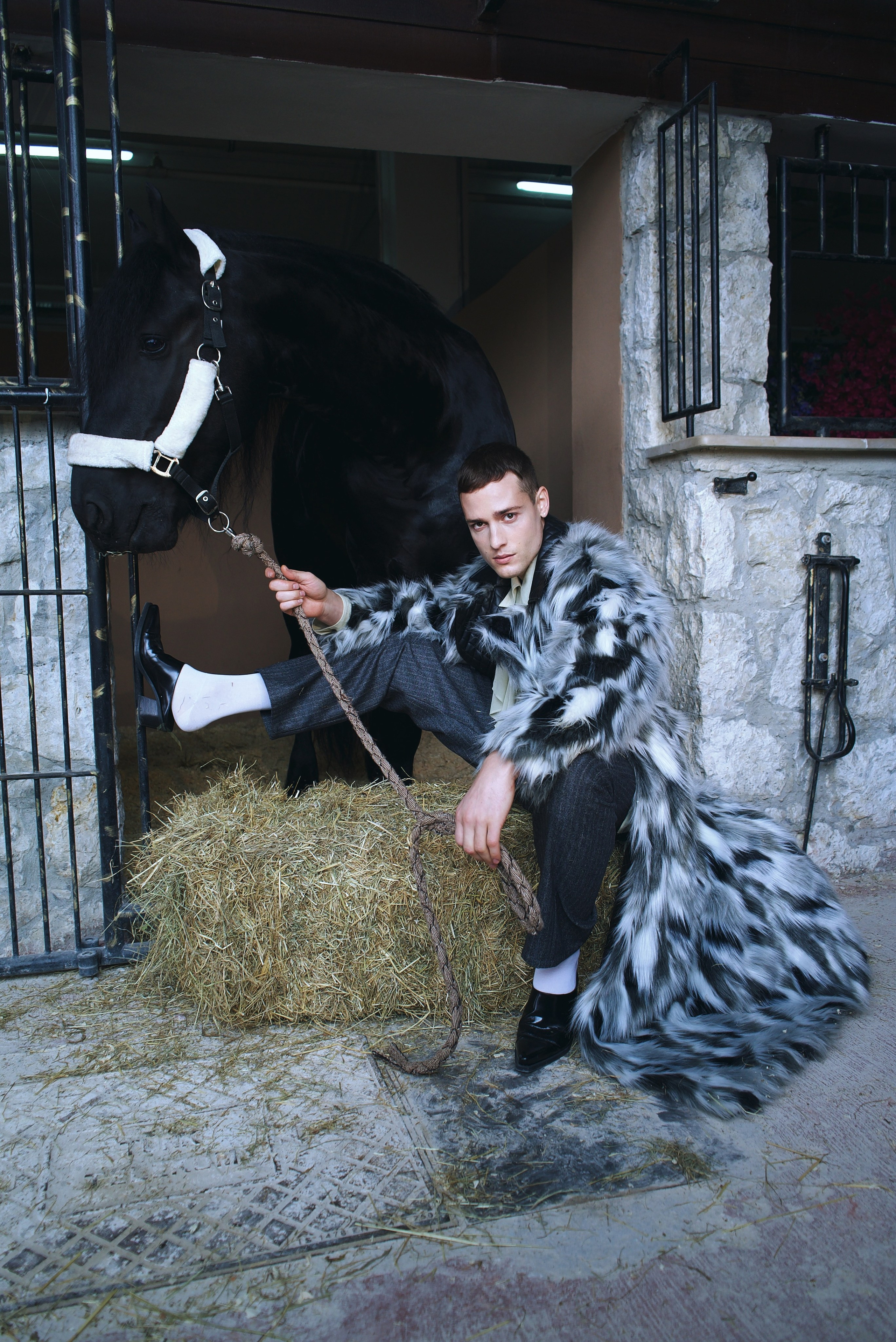 Cinematic fashion editorial with horse at Lider Horse Base in Istanbul
