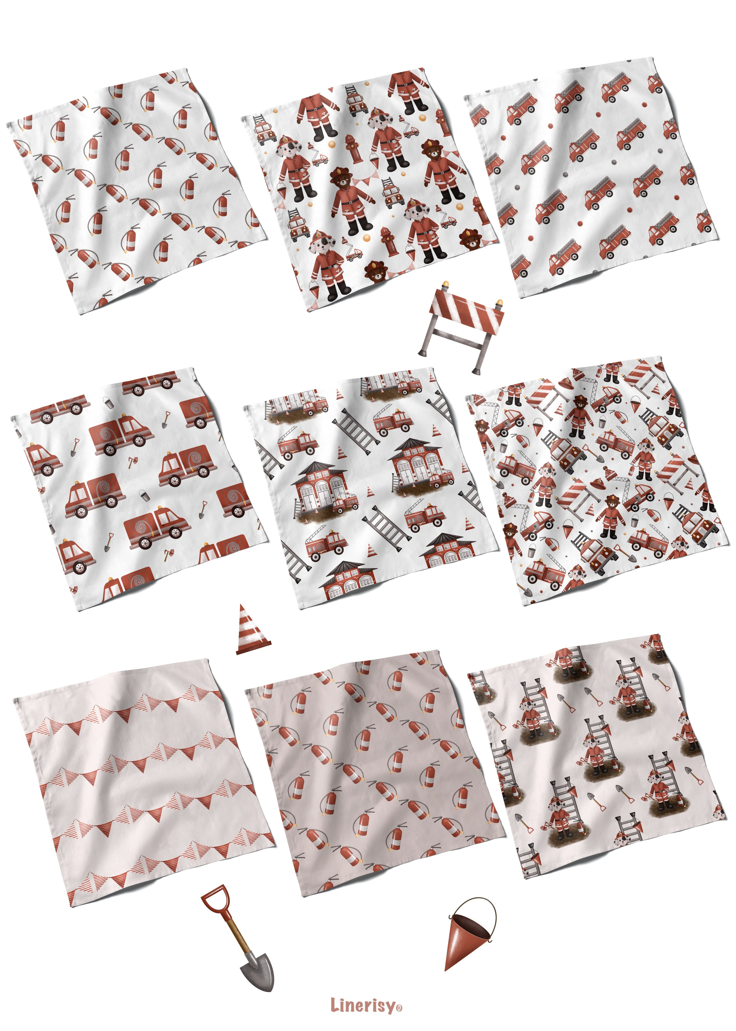 Коллекция «Пожарная станция» — графические иллюстрации, композиции и бесшовные паттерны. Художник-иллюстратор Евгения Бекренёва