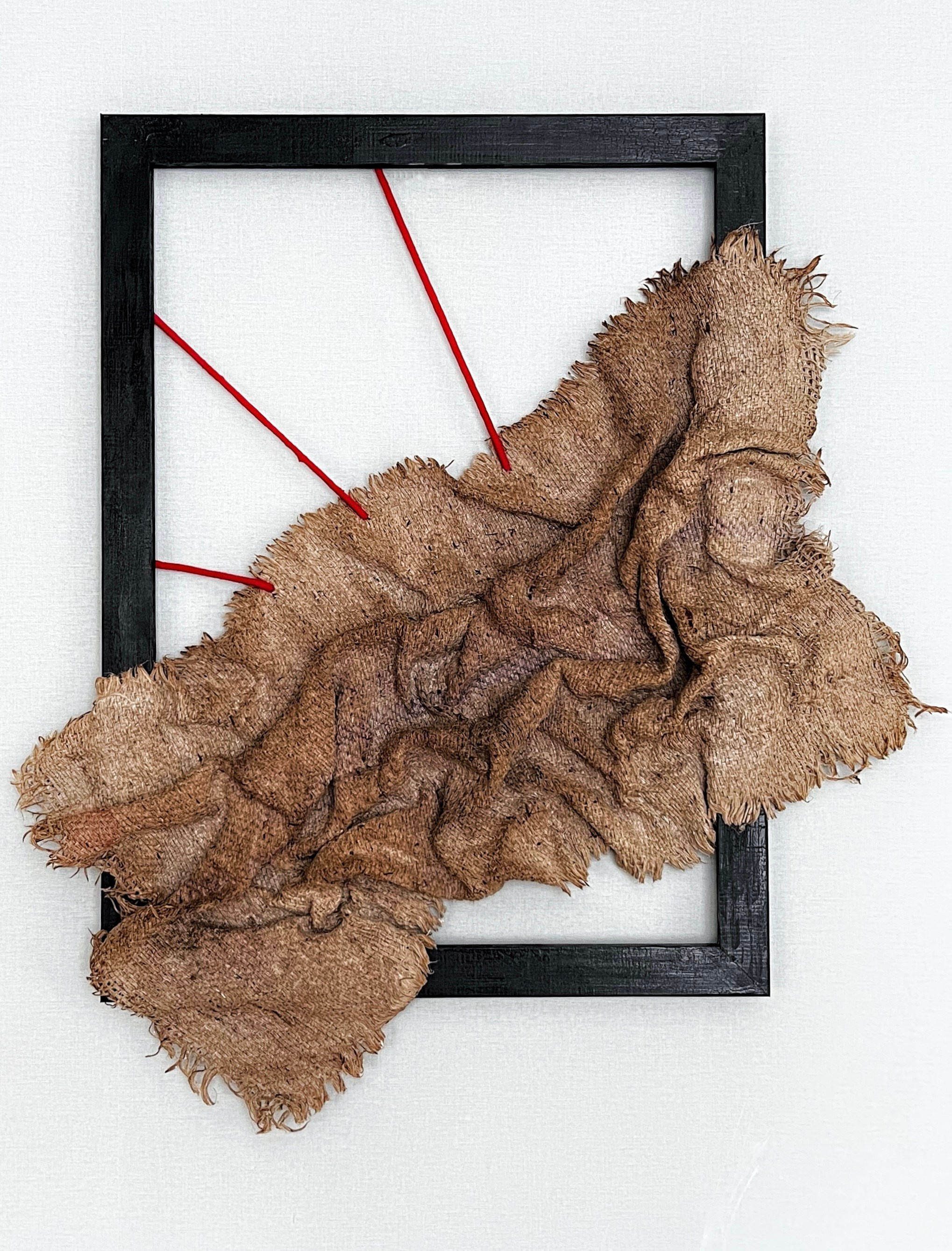 "Метаморфозы №6". Мешковина, шнур, деревянная рама 60х80 см. 2023 год