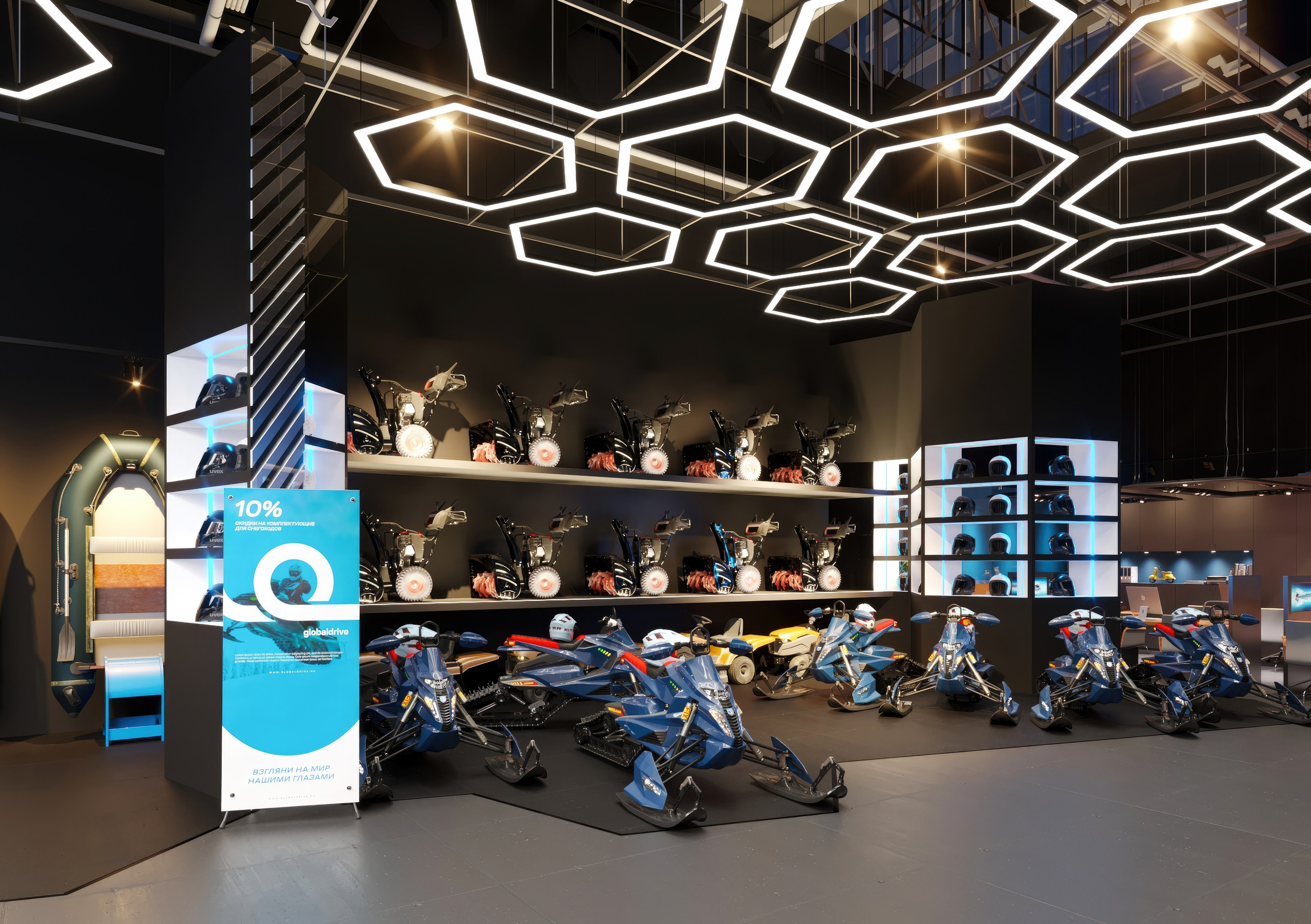 Motorbike Showroom Design Project — Bold and Modern Retail Space. 3D INTERIOR AND ARCHITECTURE VISUALIZATION
