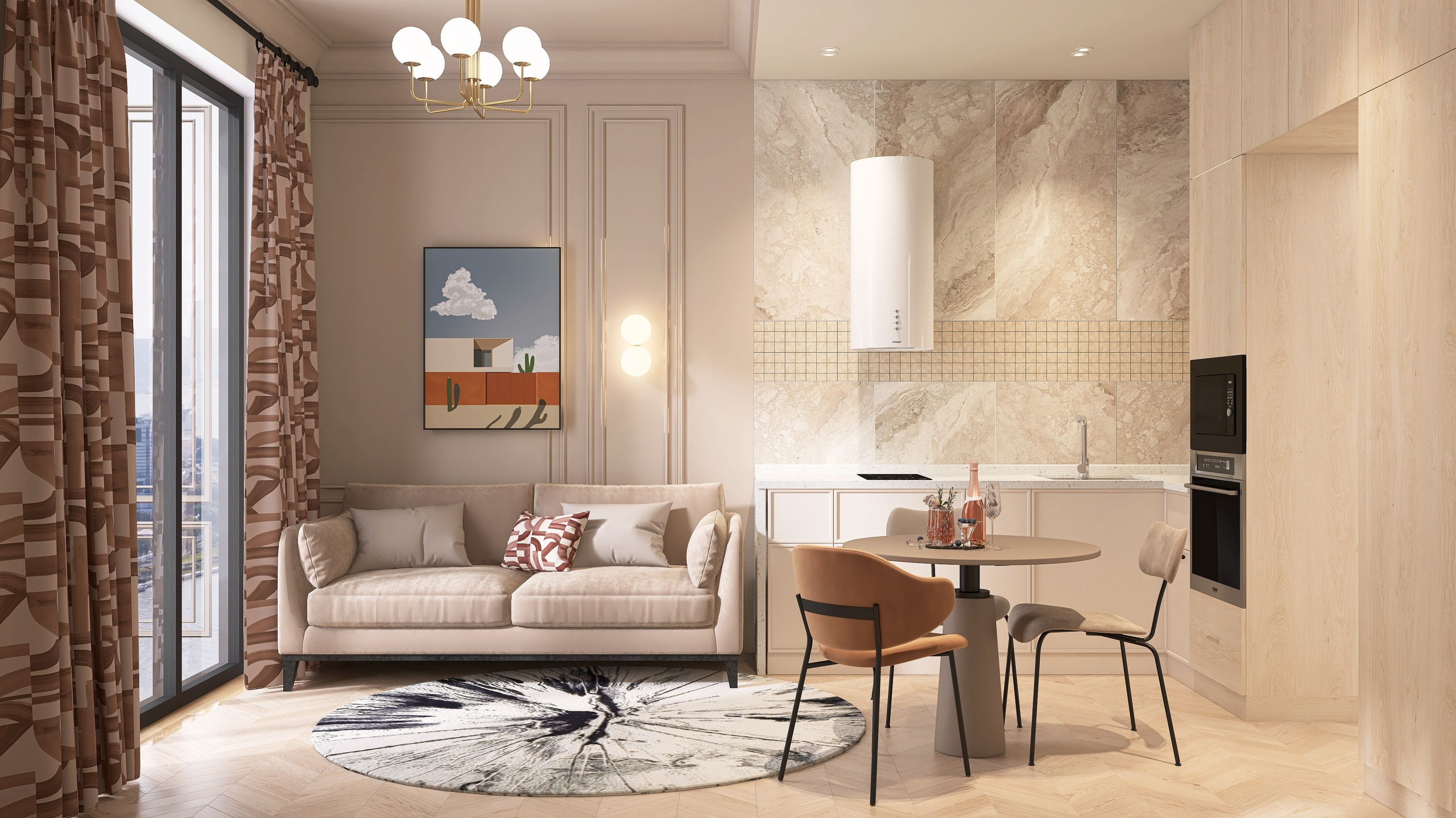 Интерьер кухни- гостиной, дизайн кухни, Квартира-студия в Новосибирске для проживания молодой женщины