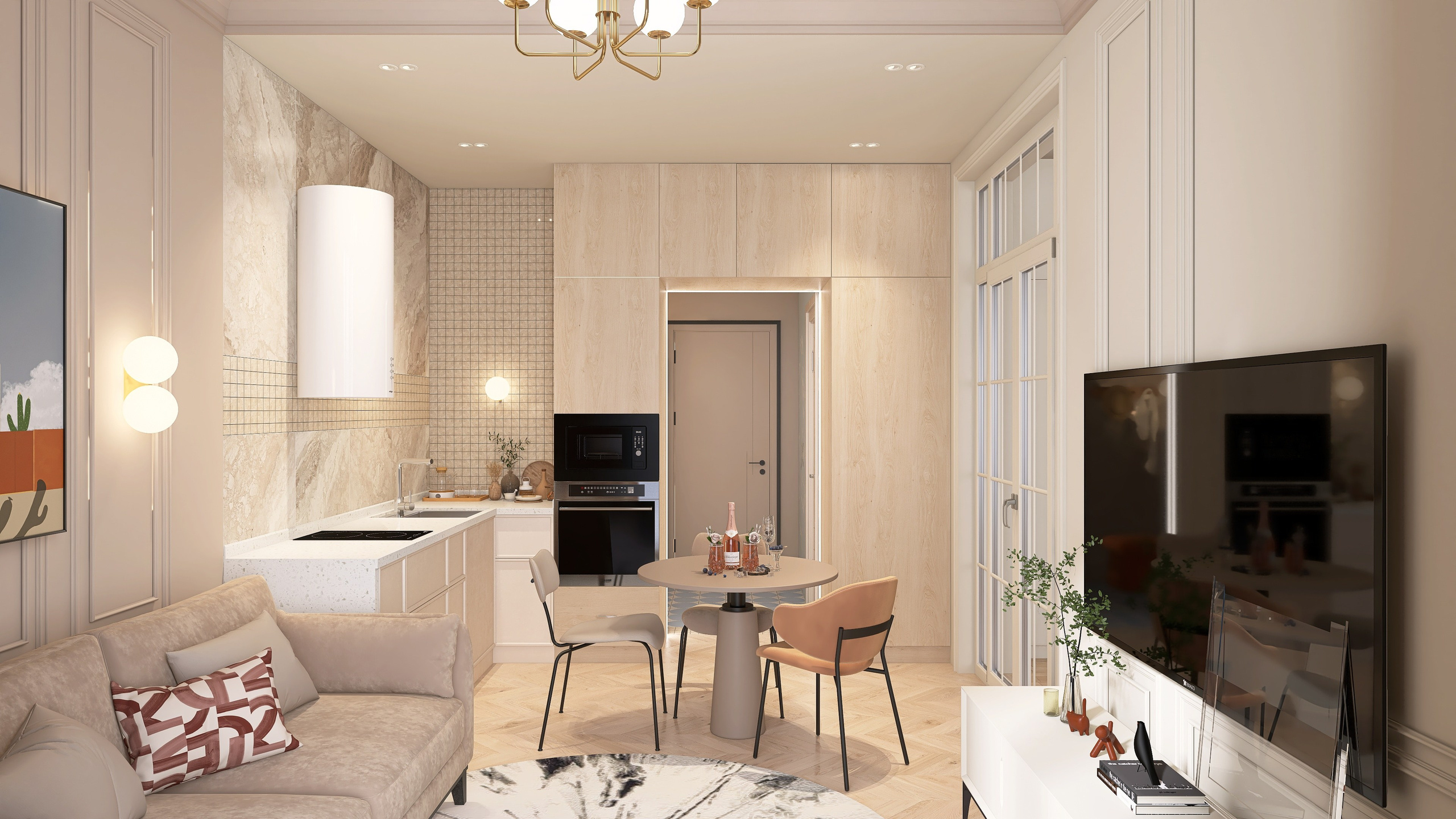 Интерьер кухни- гостиной, интерьер кухни, дизайн кухни, Квартира-студия в Новосибирске для проживания молодой женщины