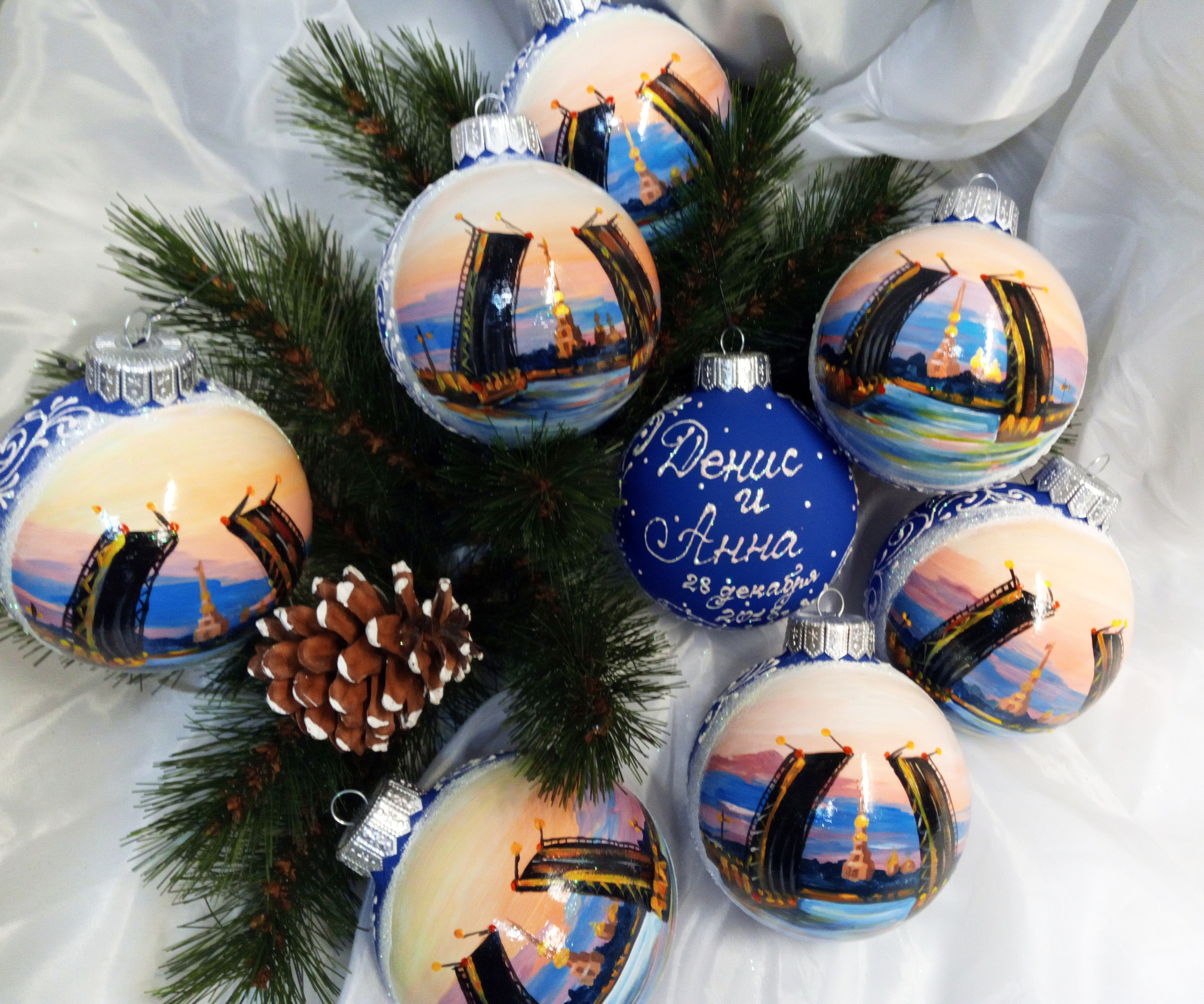 елочные шары с питером разводные мосты расписаны художником вручную на заказ