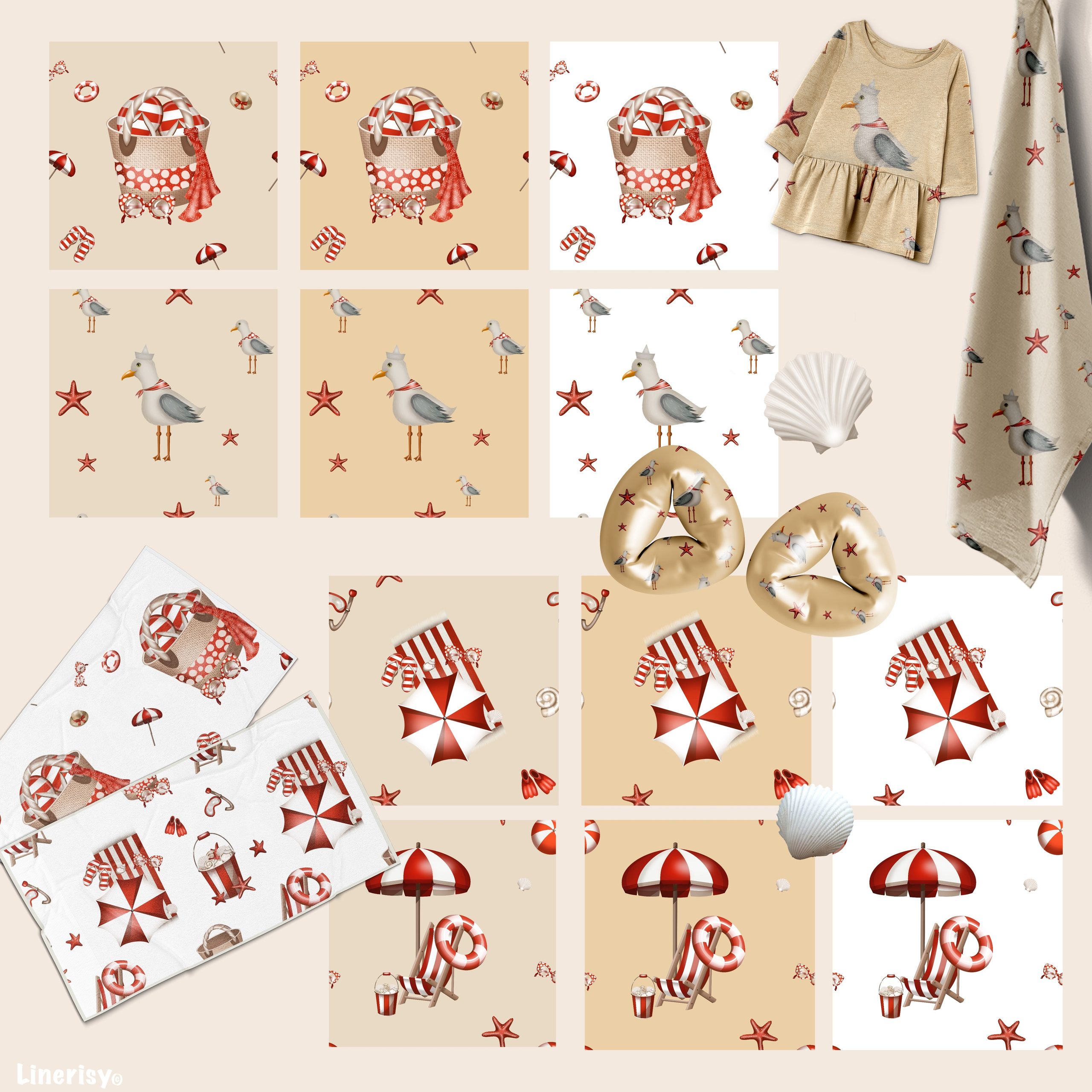 Коллекция «Лето, море, пляж» — графические иллюстрации, композиции и бесшовные паттерны. Художник-иллюстратор Евгения Бекренёва