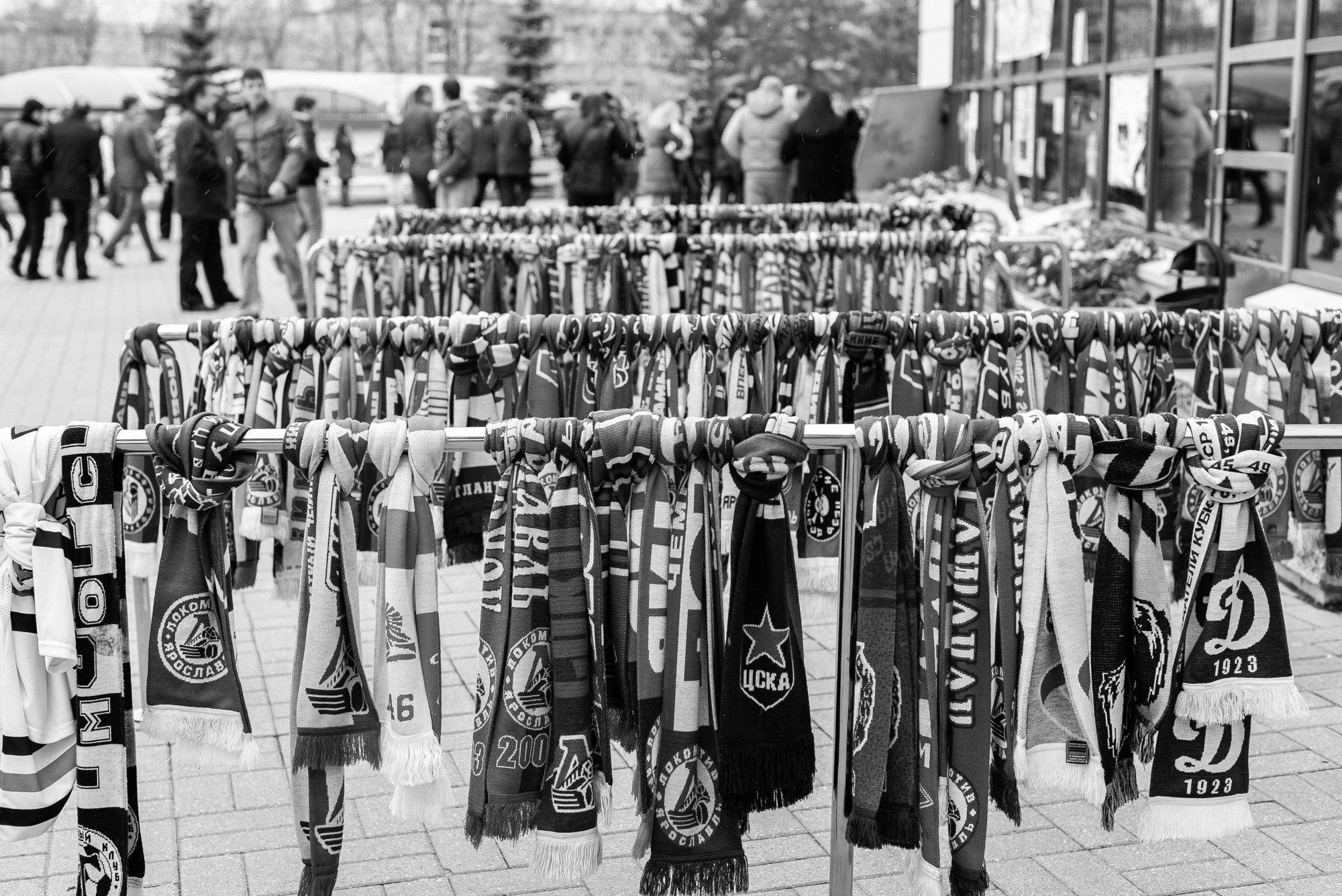 Scarfs of different teams on the fence in front of the entrance to UCC «Arena-2000 Lokomotiv». 2011