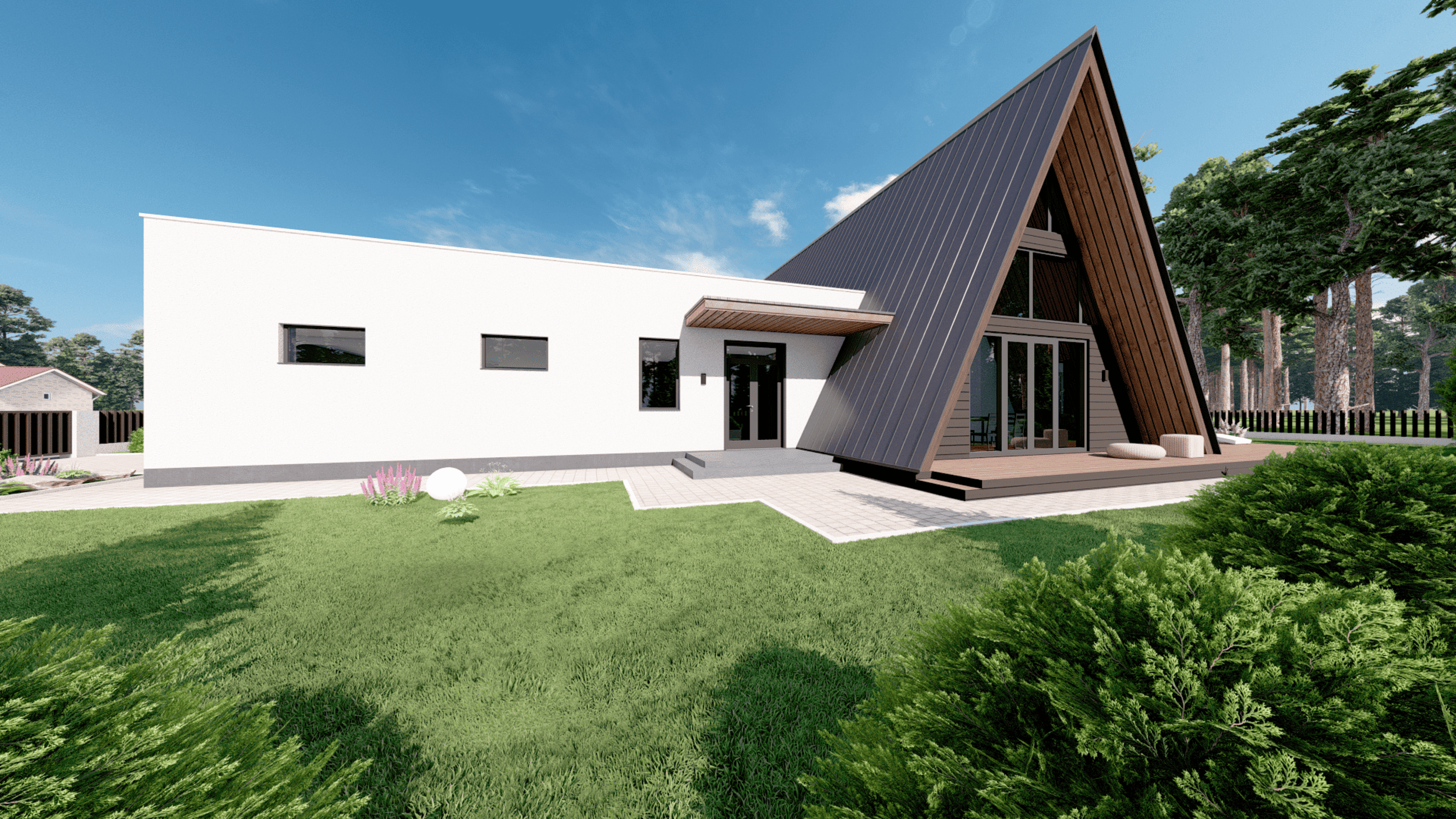 Загородный семейный A-Frame. Современный дом с необычной архитектурой. RASEN DESIGN. Архитектурные проекты зданий, интерьеров и благоустройства