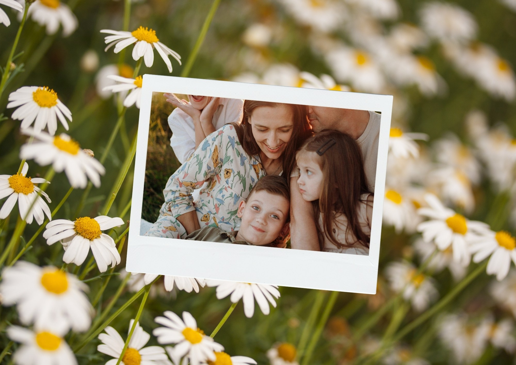 семья с детьми в ромашковом поле, полароид на зелёном фоне цветов