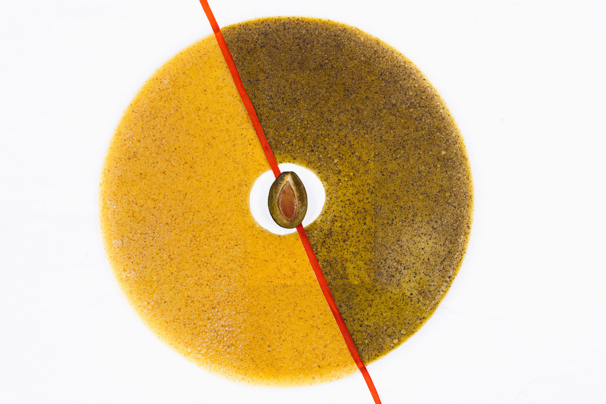 Фруктовая пастила. Вид сверху. Круглая форма, две половинки разделены красной лентой. В центре свежая слива