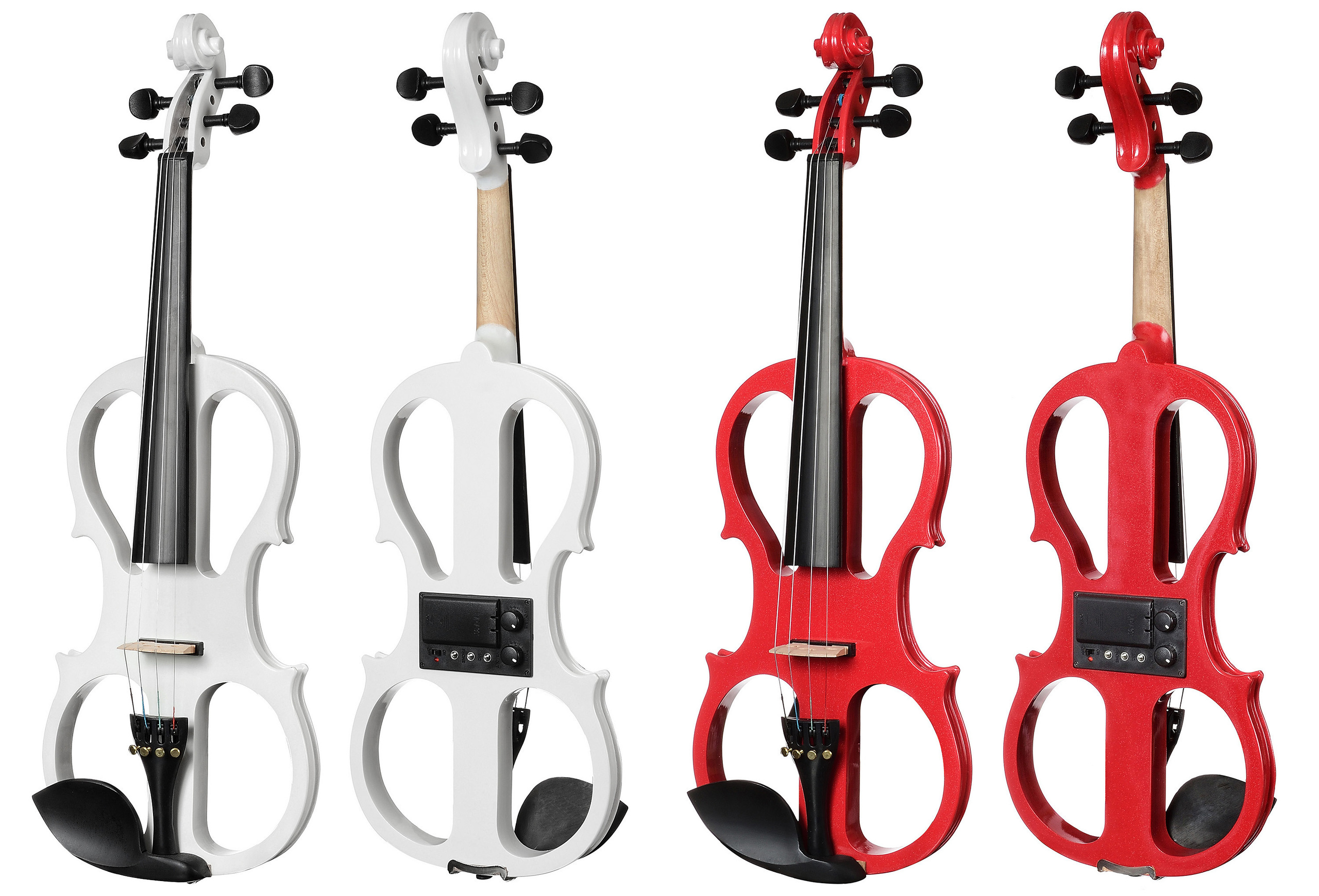 белая и красная электрическая скрипка в разных ракурсах на белом фоне