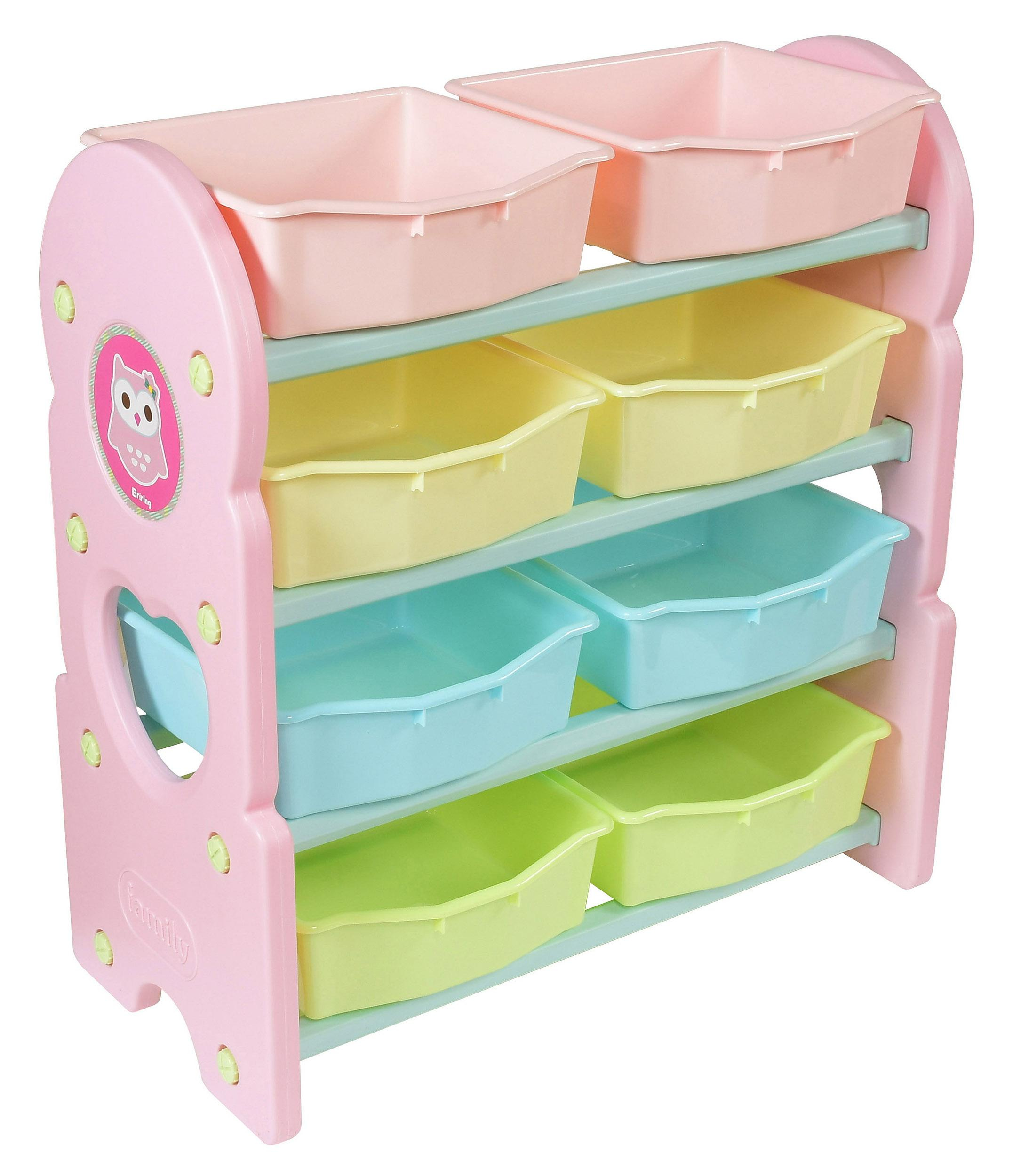 стеллаж детский для игрушек розового, желтого и зелёного цвета на белом фоне