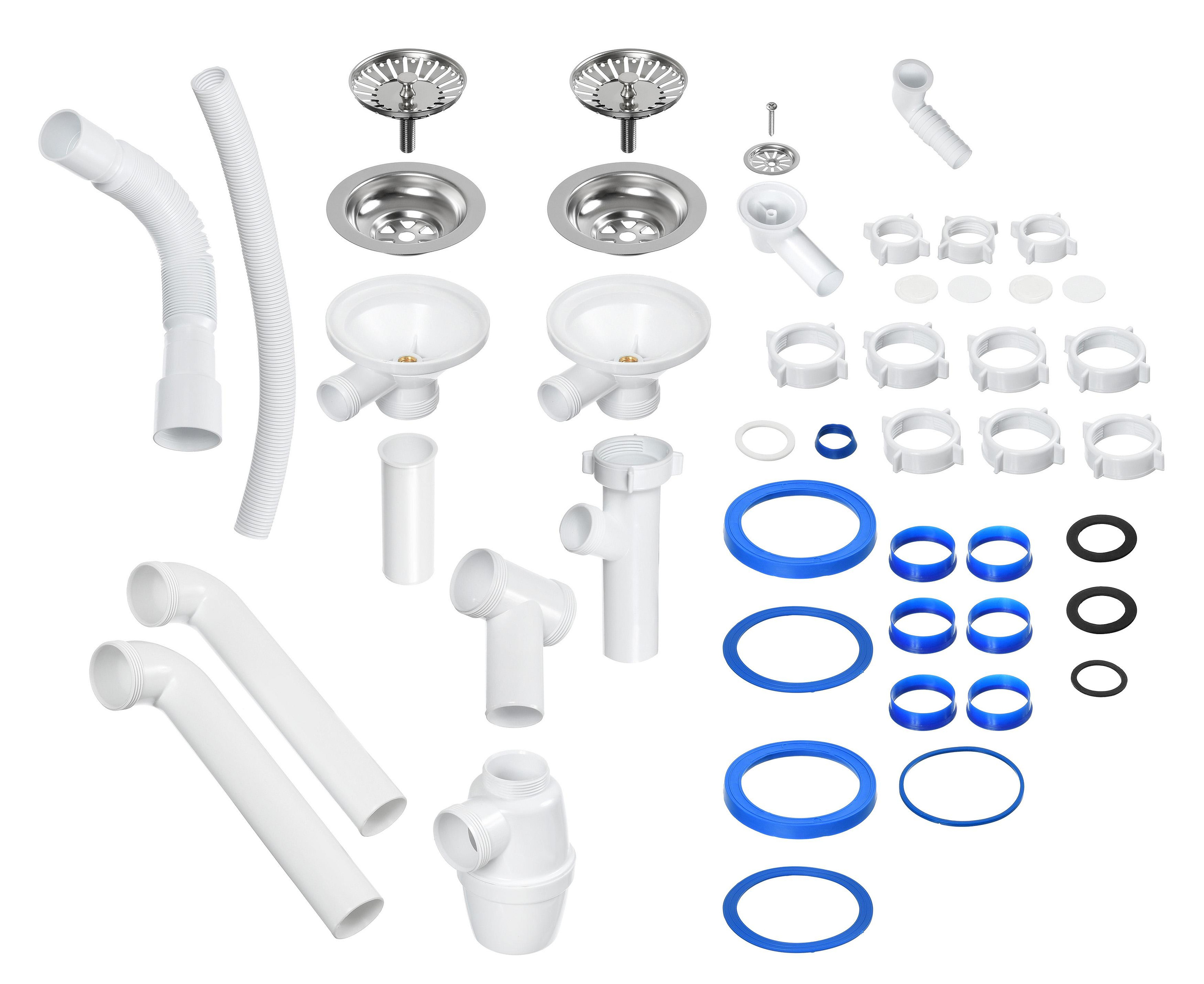 Двойной сифон в разобранном виде на белом фоне