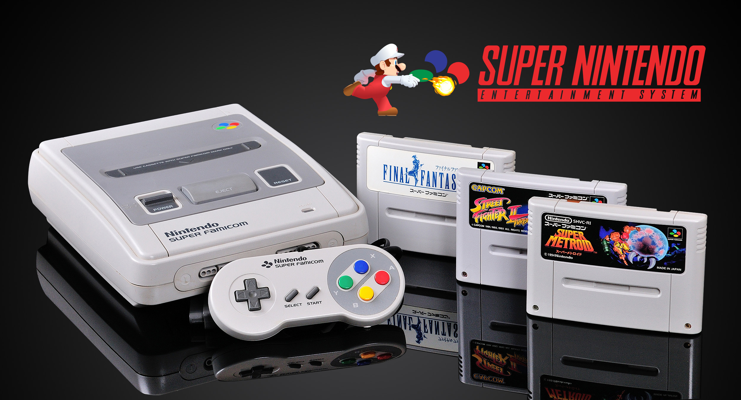 Художественное фото игровой консоли Super Nintendo с картриджами и джойстиком