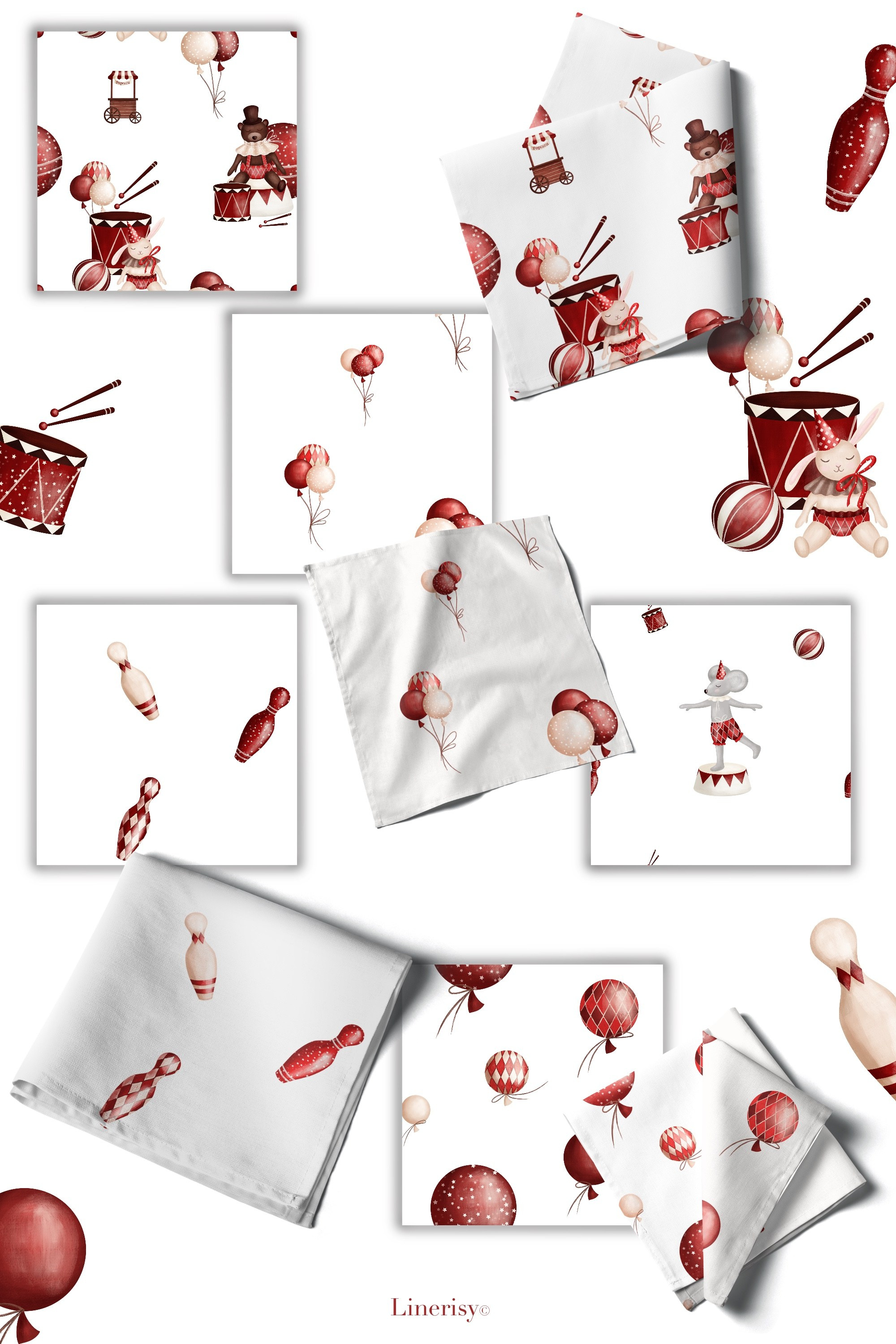 Коллекция «Цирк» — графические иллюстрации, композиции, постеры, фреймы, рамки и бесшовные паттерны. Художник-иллюстратор Евгения Бекренёва