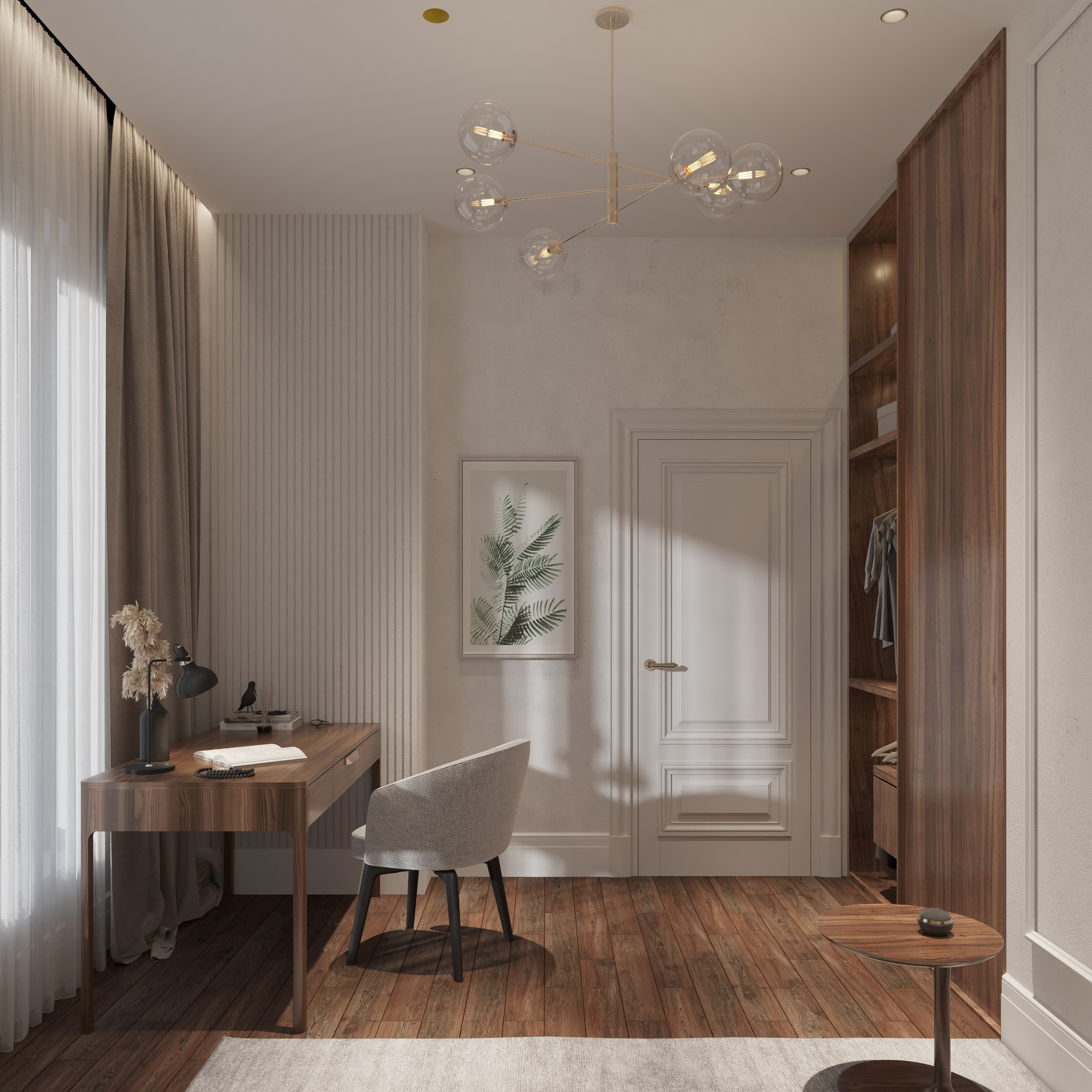 Светлая гостевая в тёплой палитре — уютное пространство с природными материалами.