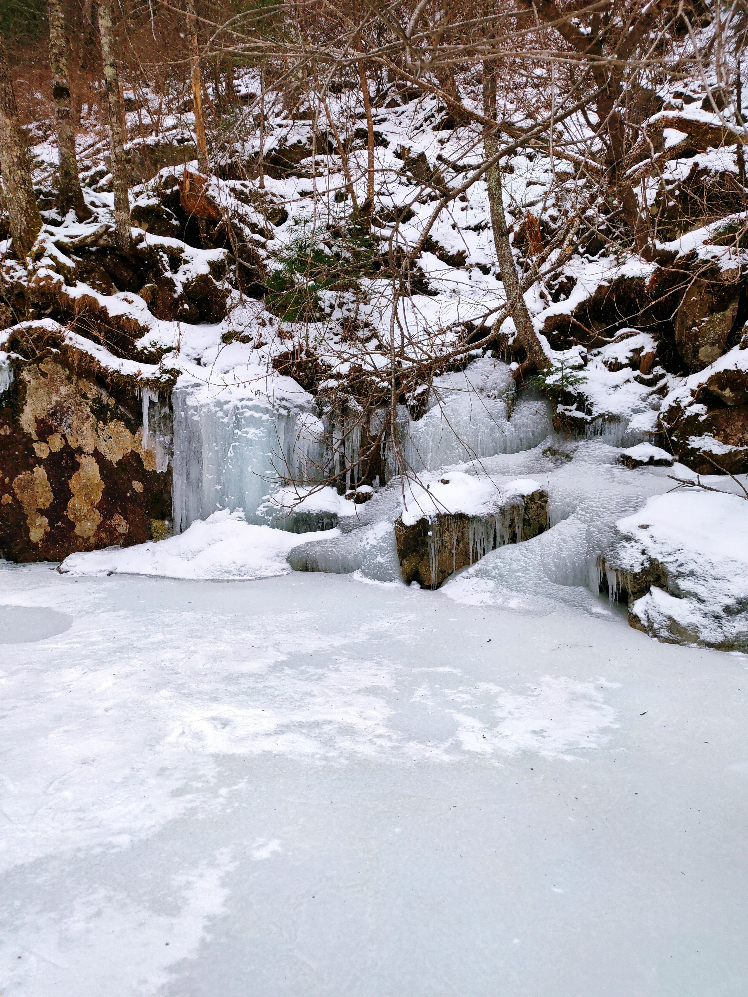 Ледяные пороги с сосульками на берегу реки