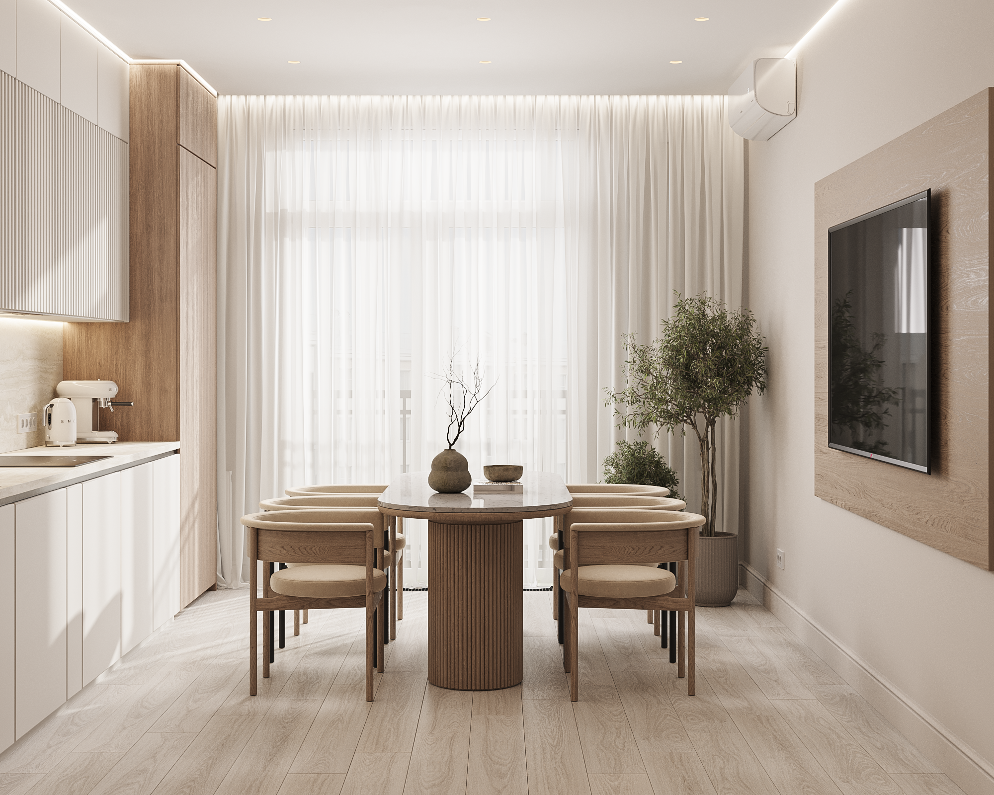 Светлая кухня-столовая с уютной обеденной зоной и лаконичным фасадом — интерьерный проект Ксении Новиковой ksudsgn в ЖК «Неоклассика», Санкт-Петербург