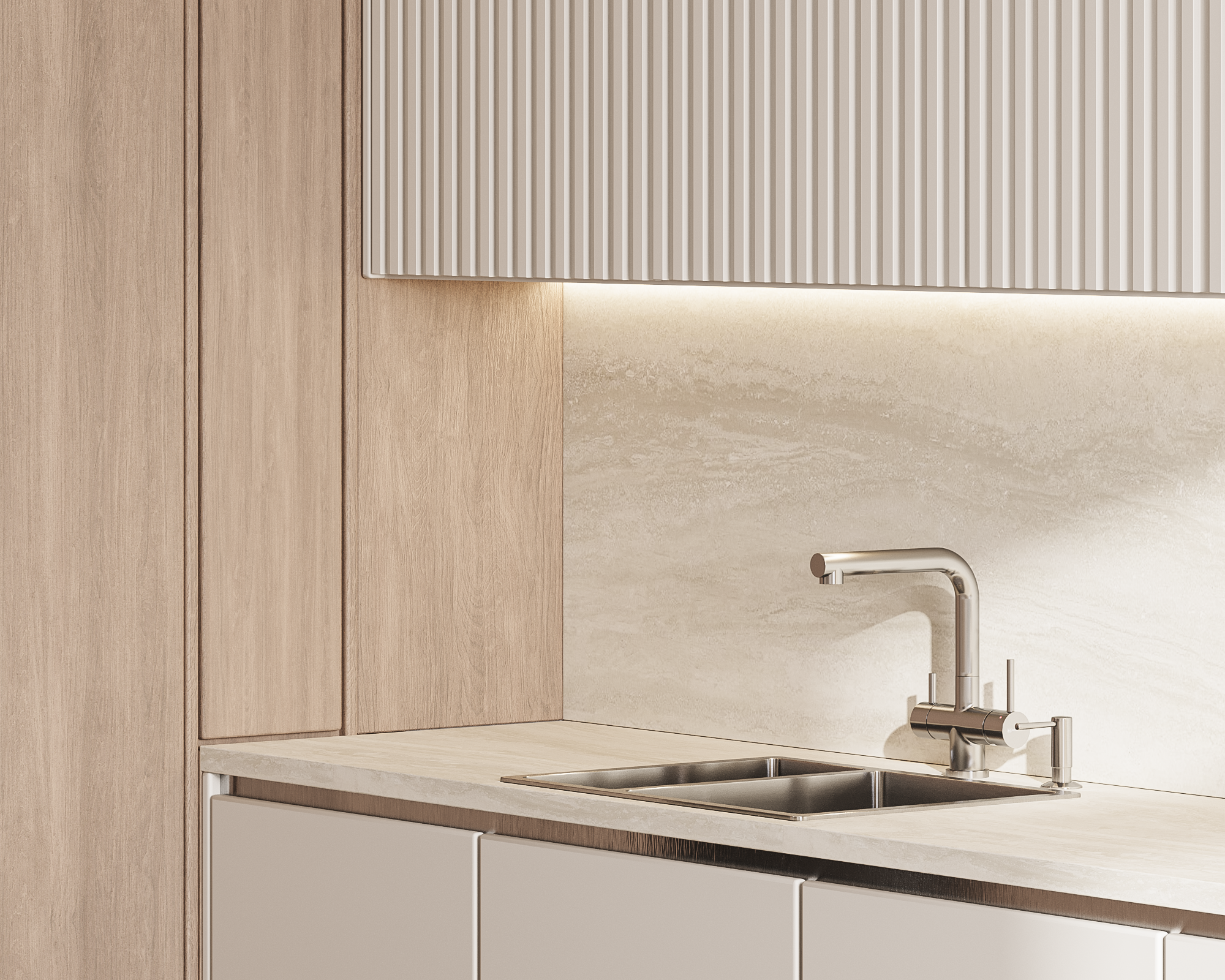 Светлая кухня-столовая с уютной обеденной зоной и лаконичным фасадом — интерьерный проект Ксении Новиковой ksudsgn в ЖК «Неоклассика», Санкт-Петербург