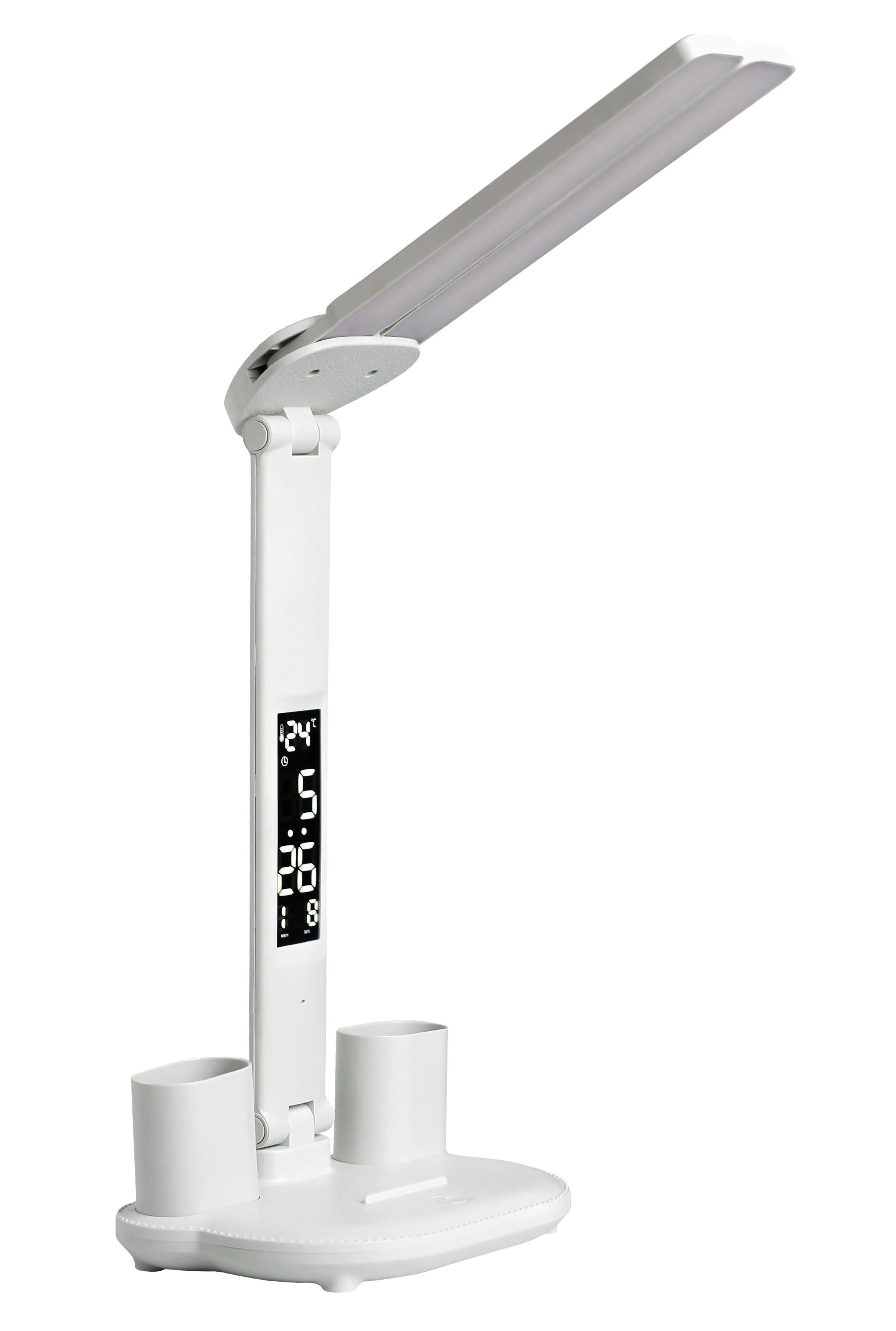 настольная лампа белого цвета с дисплеем