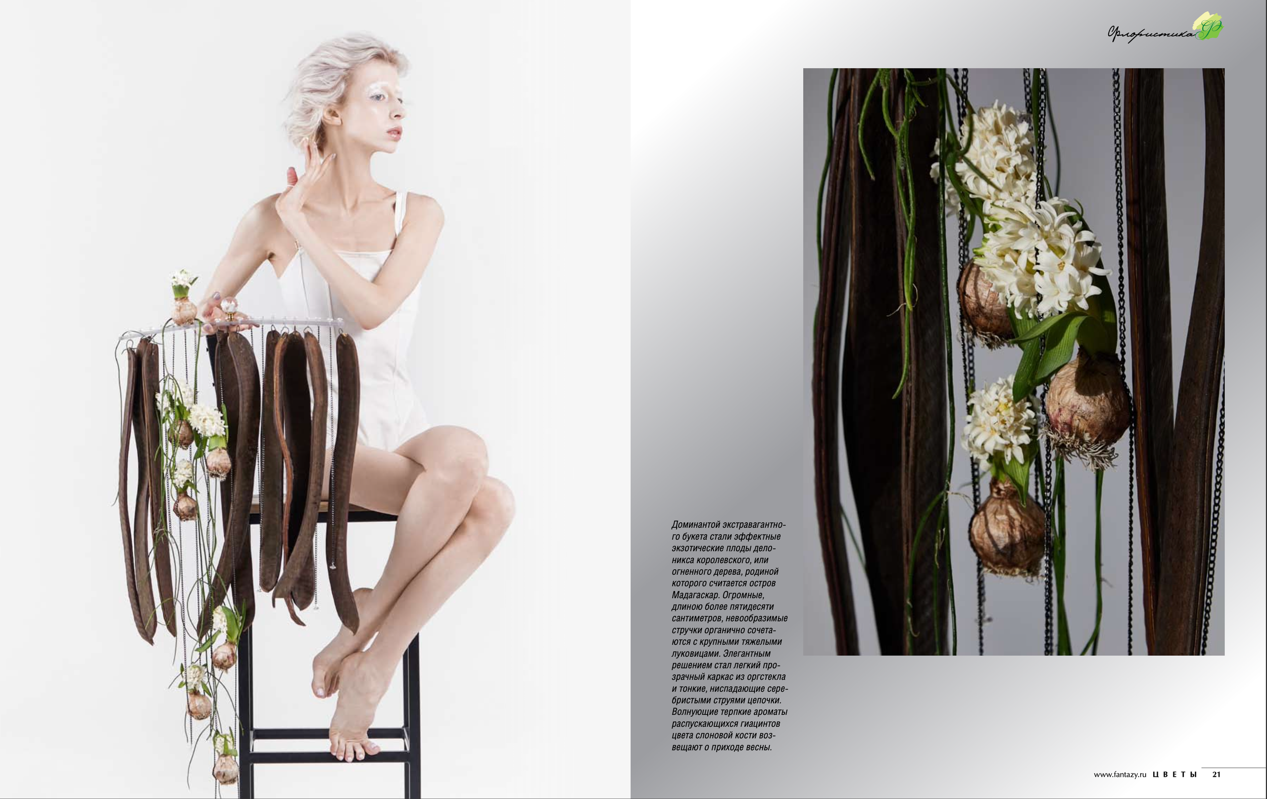 девушка сидит на стуле и держит букет с плодами делоникса королевского