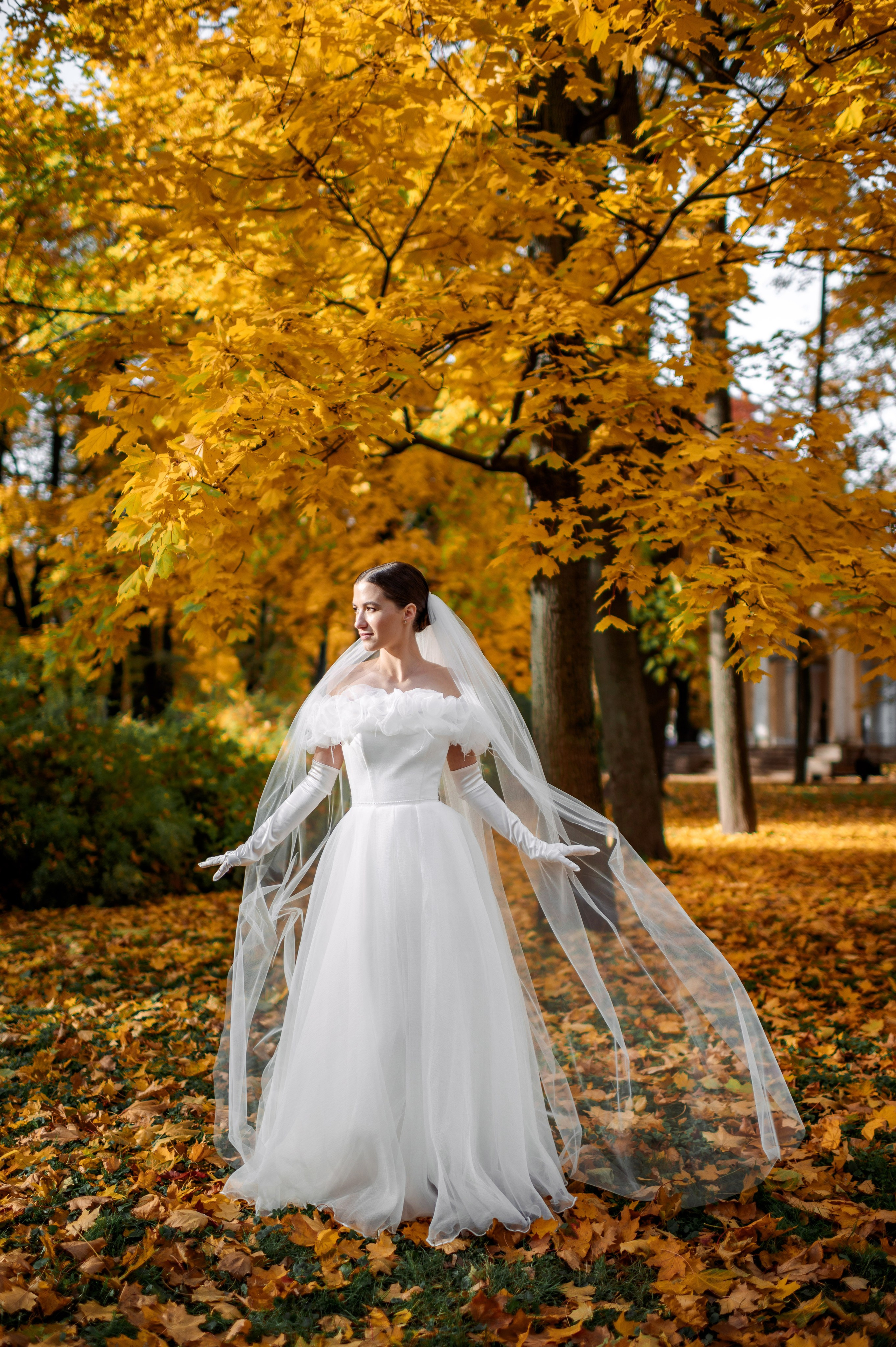 Осенняя великолепная свадебная прогулка жениха и невесты в октябре в Санкт-Петербурге в Михайловском парке и у Атлантов на Миллионной улице. Портретный, семейный и свадебный фотограф в Санкт-Петербурге и в Пушкине Ширяев Денис