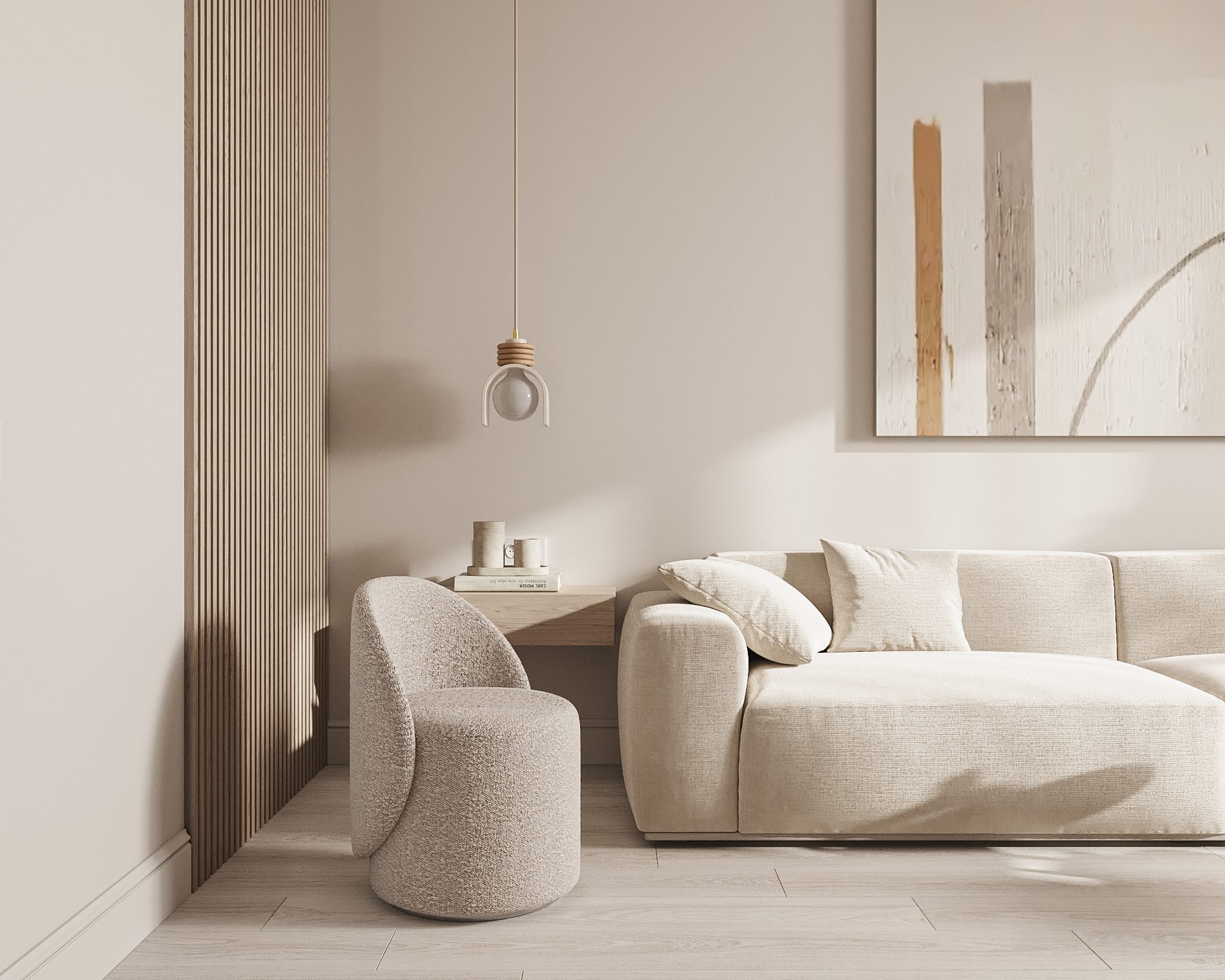 Гостиная в бежевых оттенках с мягкой посадкой и натуральными материалами — интерьер дизайнер Ксения Новикова, проект 65 м² в ЖК «Неоклассика»