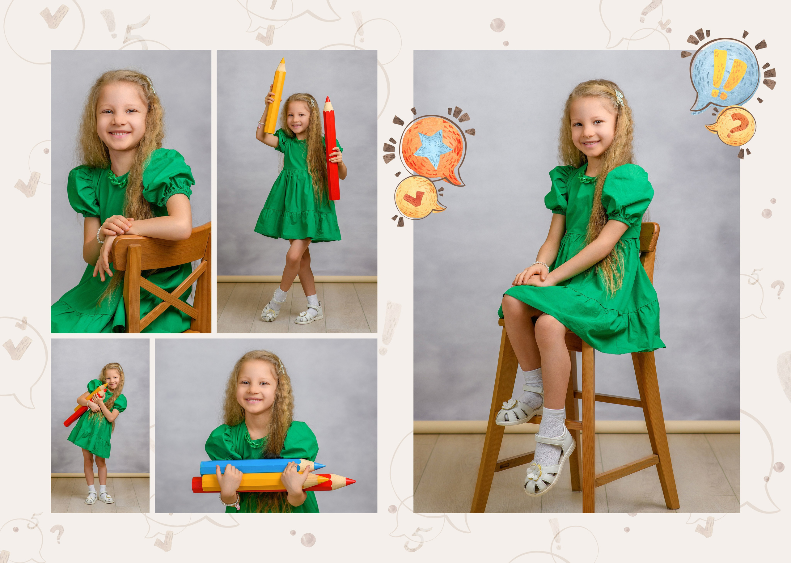 Девочка с большими карандашами в зеленом платье. Разворот выпускного альбома для детского сада. Дизайн Федорова Лисы.
