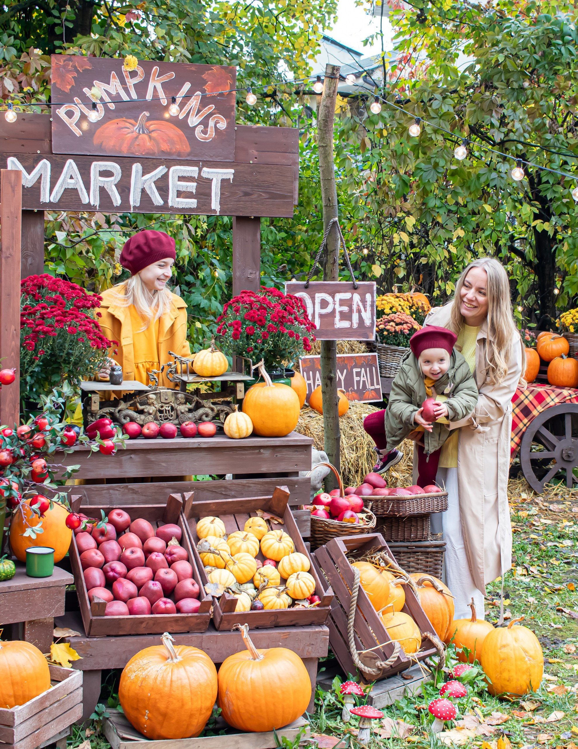 Осенняя история семьи: мама, дети и собака на яркой ферме, фотограф Карасёва Елена