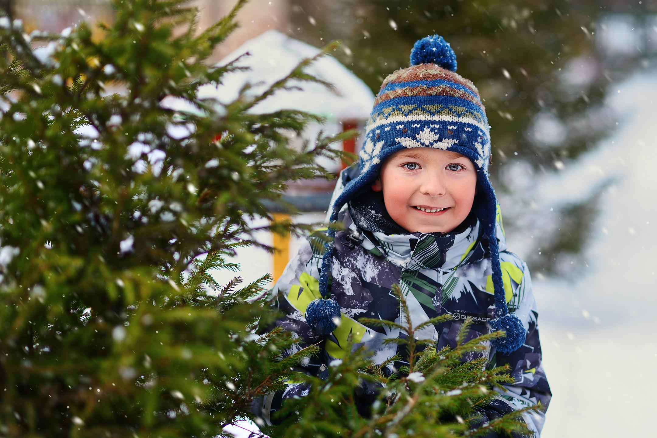 Мальчик на зимней прогулке в детском саду выглядывает из-за ёлки.