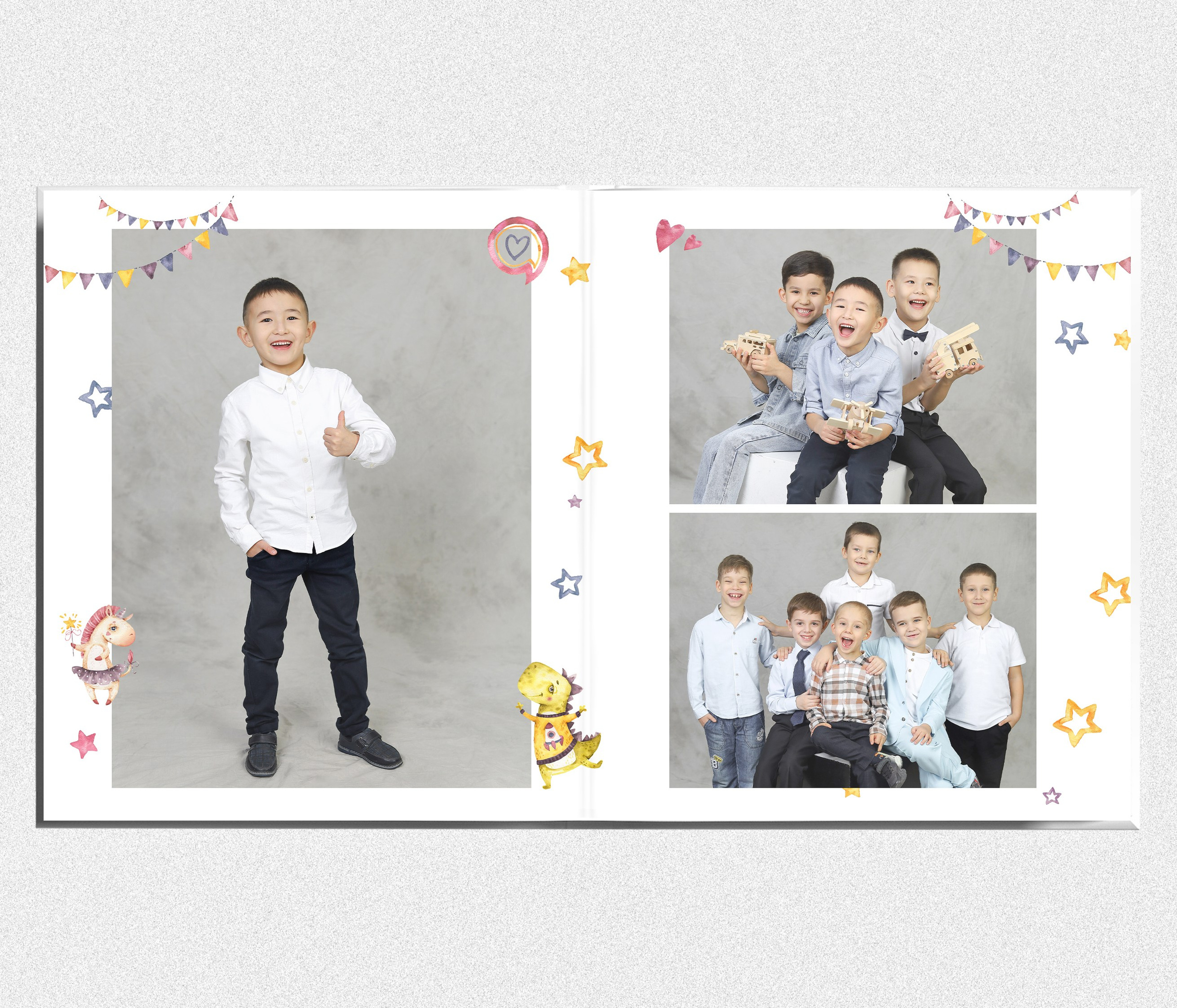 Книга выпускника из детского сада "Динозаврики и единорожки". Выпускные альбомы в Тюмени для школ, садов, вузов спортивных секций