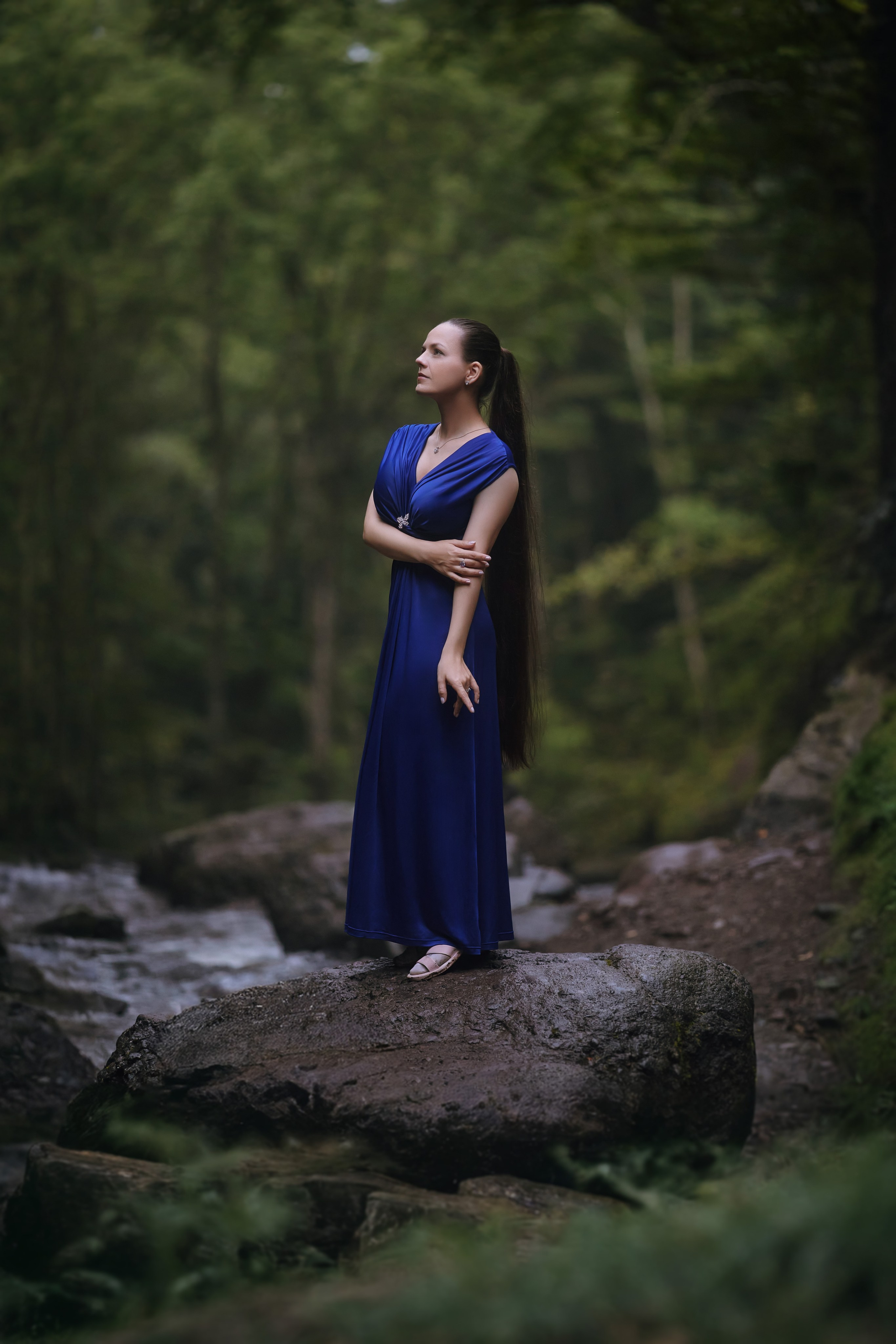 Женщина в лесу позирует стоя на камне в длинном тёмно-синем платье