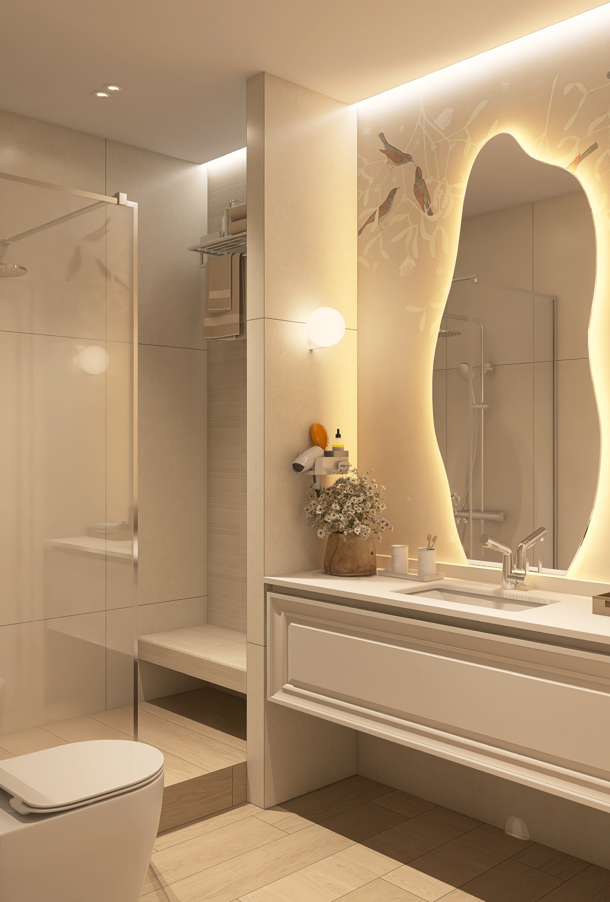 Интерьер ванной, интерьер санузла, дизайн проект студии, Квартира-студия в Новосибирске для проживания молодой женщины