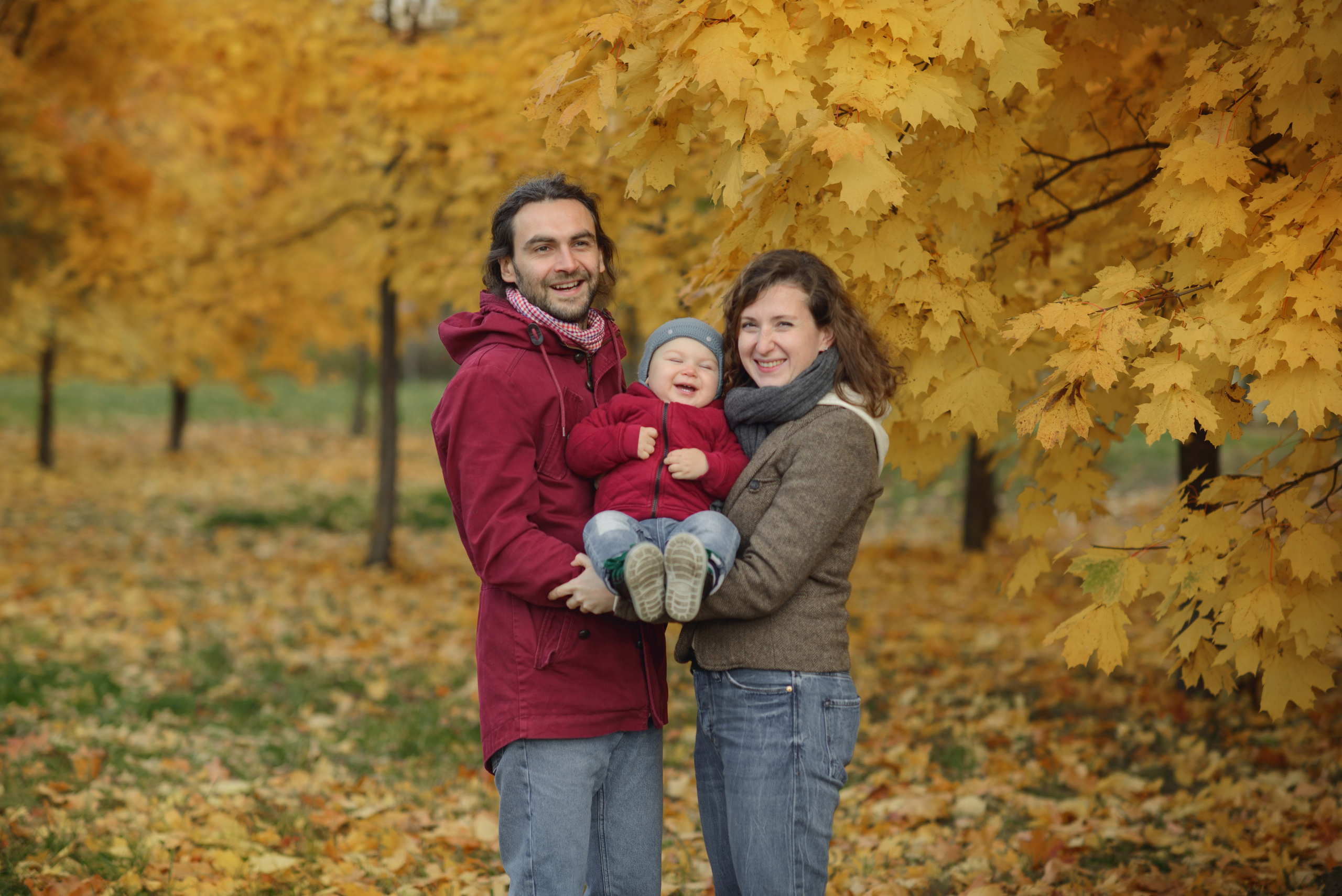 Family photo shoot in autumn. Photos with yellow leaves