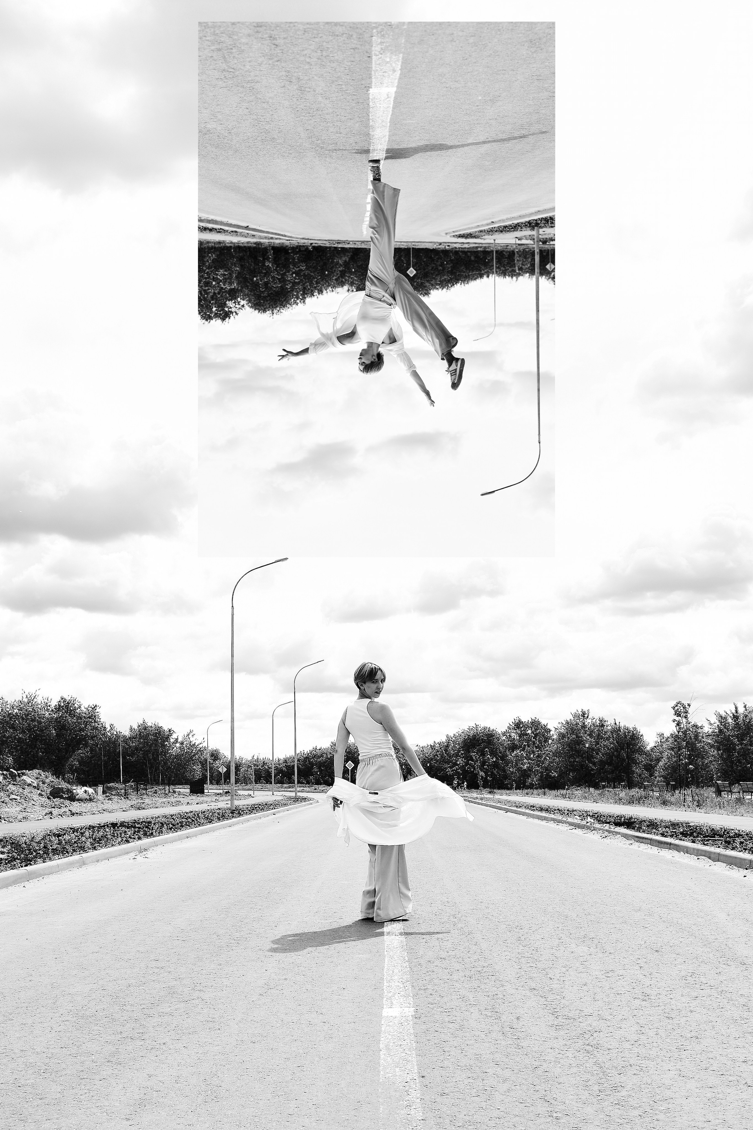 Чёрно-белое фото девушки, коллаж из двух снимков на дороге Иваново