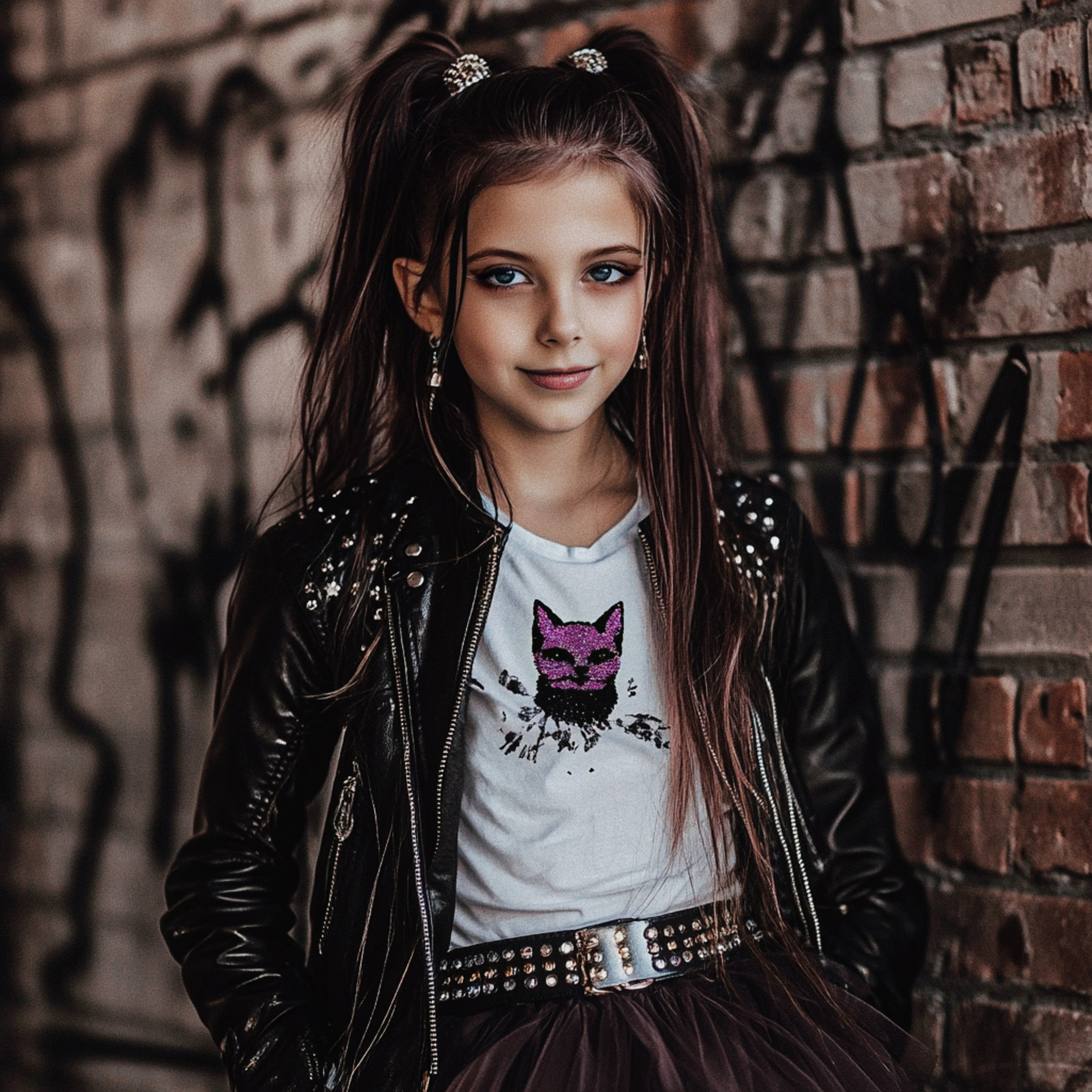 Гранж макияж, сочетание фатиновой юбки и кожаной куртки, панковские украшения и розовый котик в пайетках - девушка стоит у кирпичной стены.