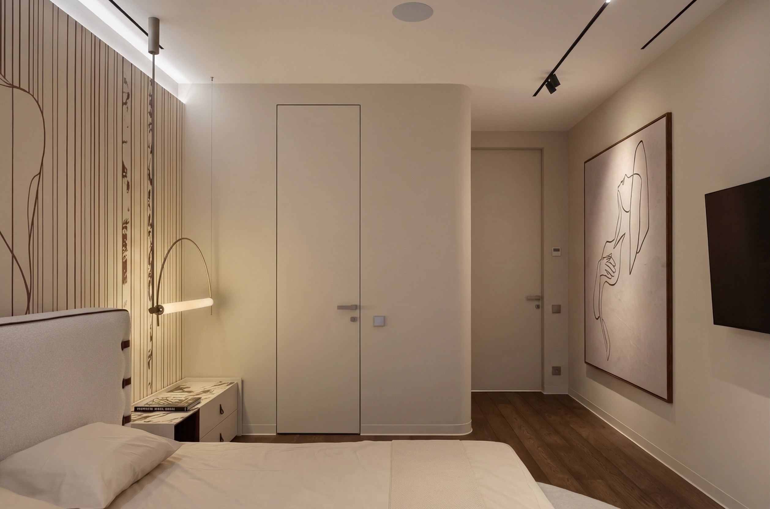 Интерьер спальни от Валерии Котович: скрытая дверь в потолок, радиусные стены, акцентная живопись и дизайнерский свет в проекте 85 м².