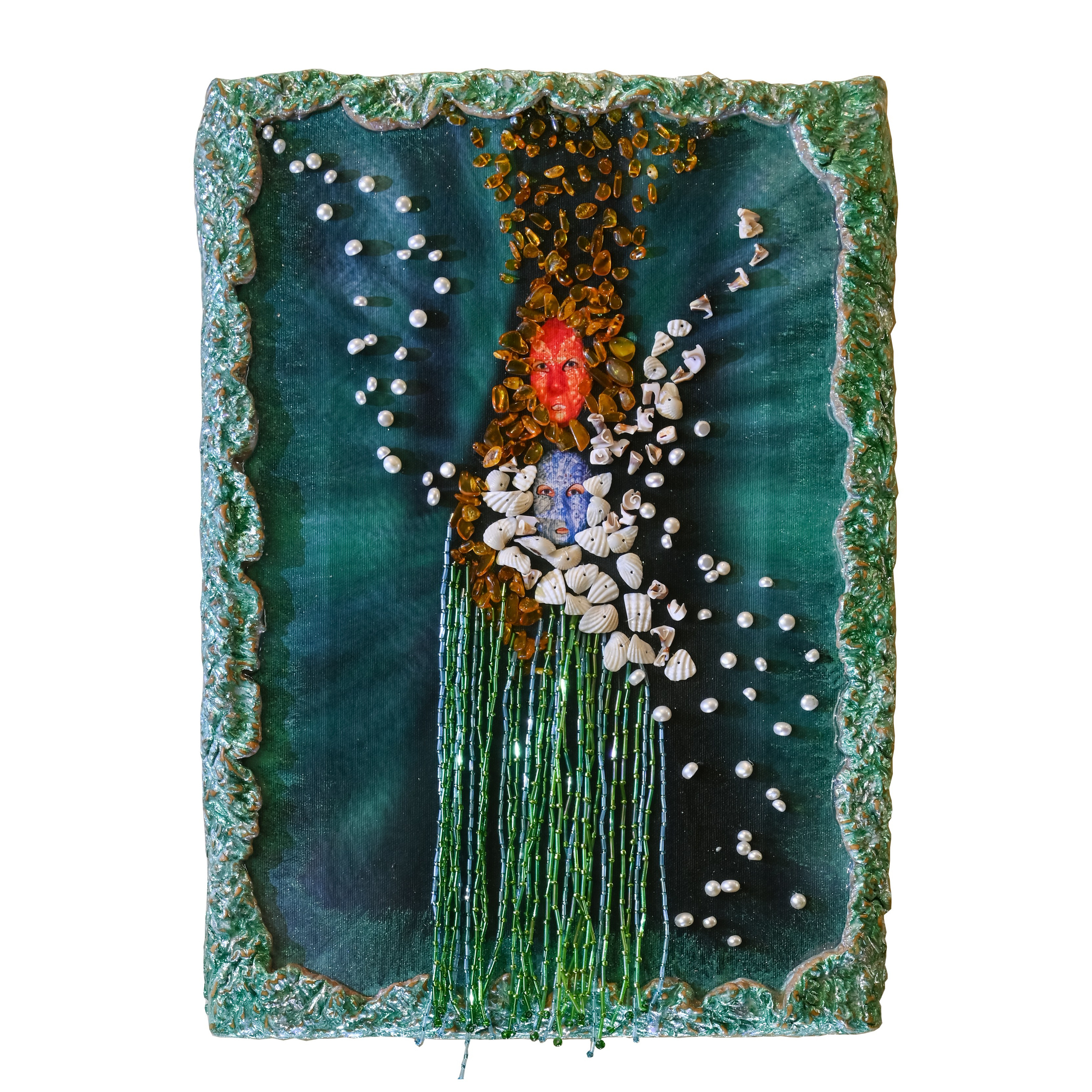 2024 - 2025гг. Размер : 32 см на 43 см вышивка по холсту, бисер, стеклярус, янтарь, жемчуг, ракушки морские. Рама выполнена вручную, материалы : деревянная глина, поталь, эпоксидная смола. Цена по запросу