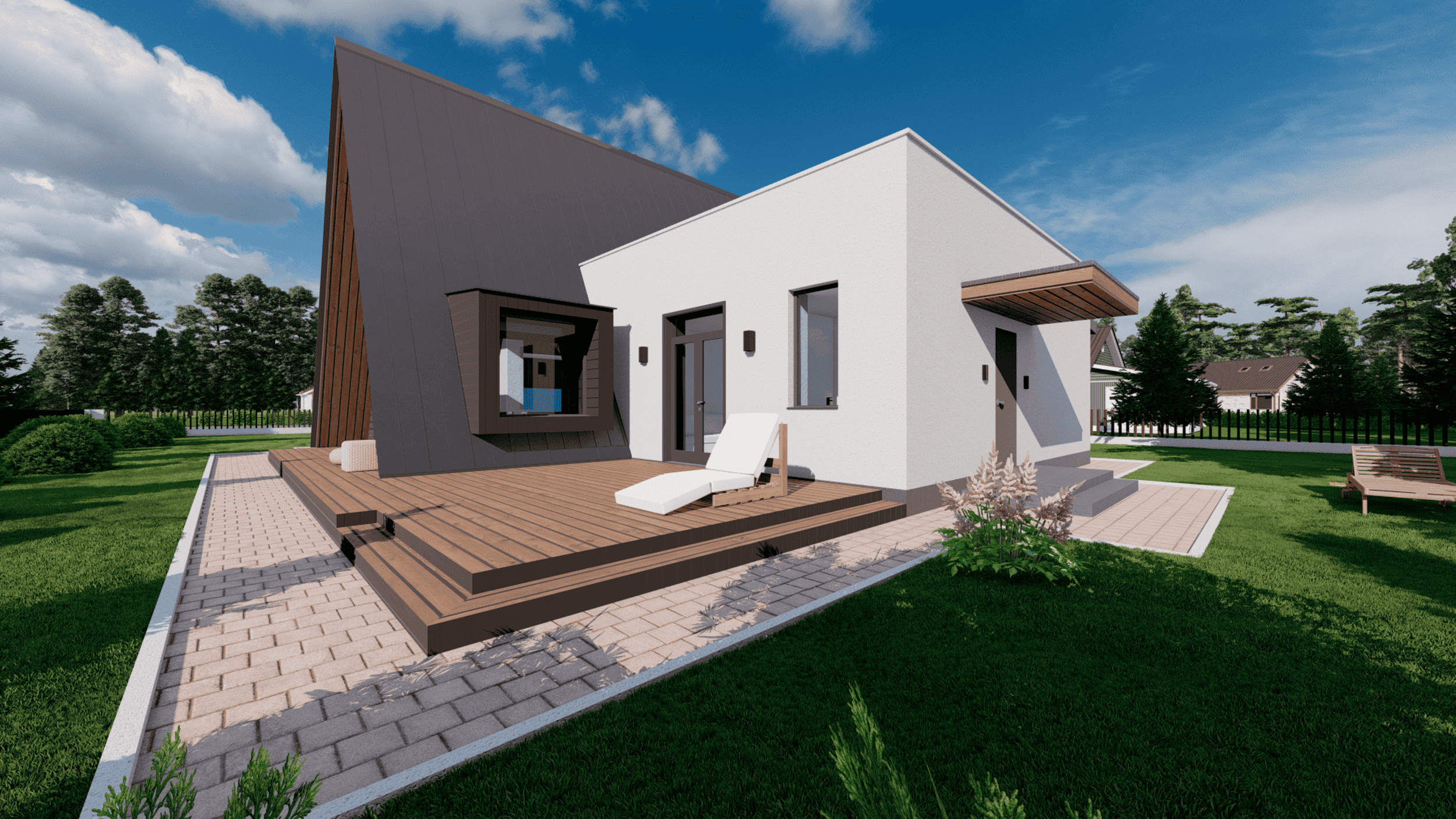 Загородный семейный A-Frame. Современный дом с необычной архитектурой. RASEN DESIGN. Архитектурные проекты зданий, интерьеров и благоустройства