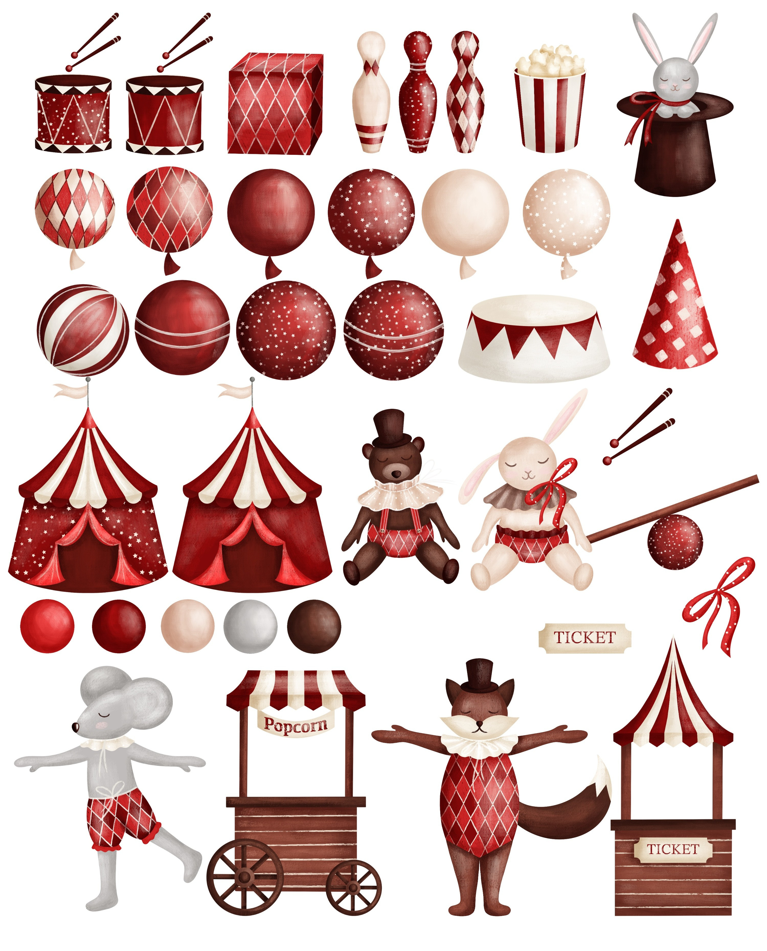 Коллекция «Цирк» — графические иллюстрации, композиции, постеры, фреймы, рамки и бесшовные паттерны. Художник-иллюстратор Евгения Бекренёва