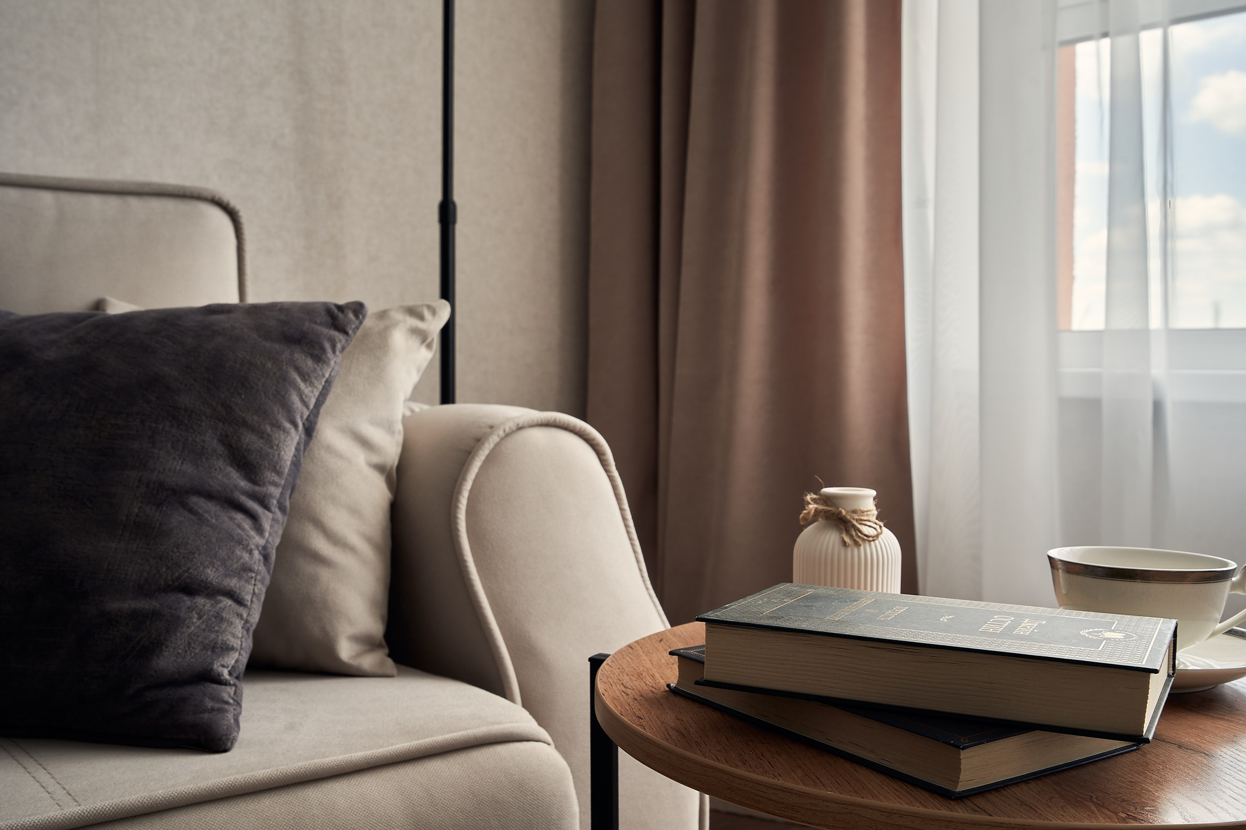 Интерьерная фотография комнаты, ЖК Новая Рига, детальный план, диван и кофейный столик с чашкой и книгой