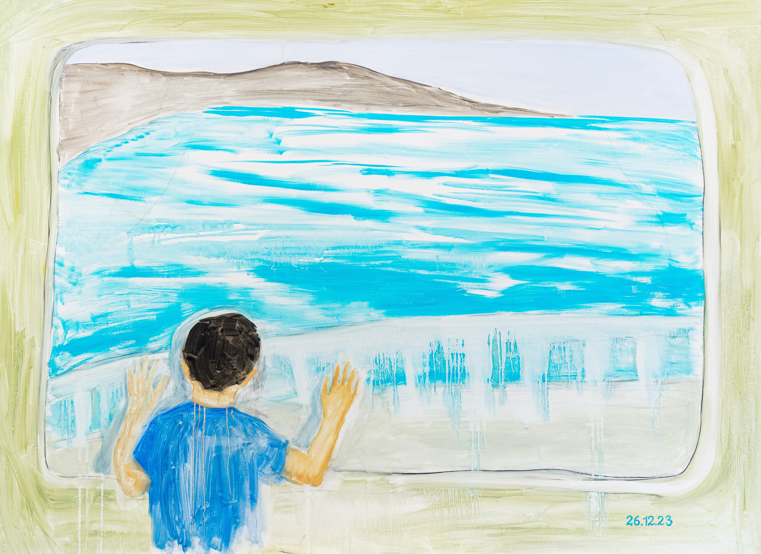 OUR JOURNEY TO THE SEA / Oil on canvas, 150 x 110 cm, 2023 / Today I had a dream about Ramil and I went on a trip to a place where there are mountains, snow, estates and a bay with a warm blue sea. We traveled by train alone. To our left was a bay with a blue sea. It seemed that the water was very close.  My brother was very interested in looking there.