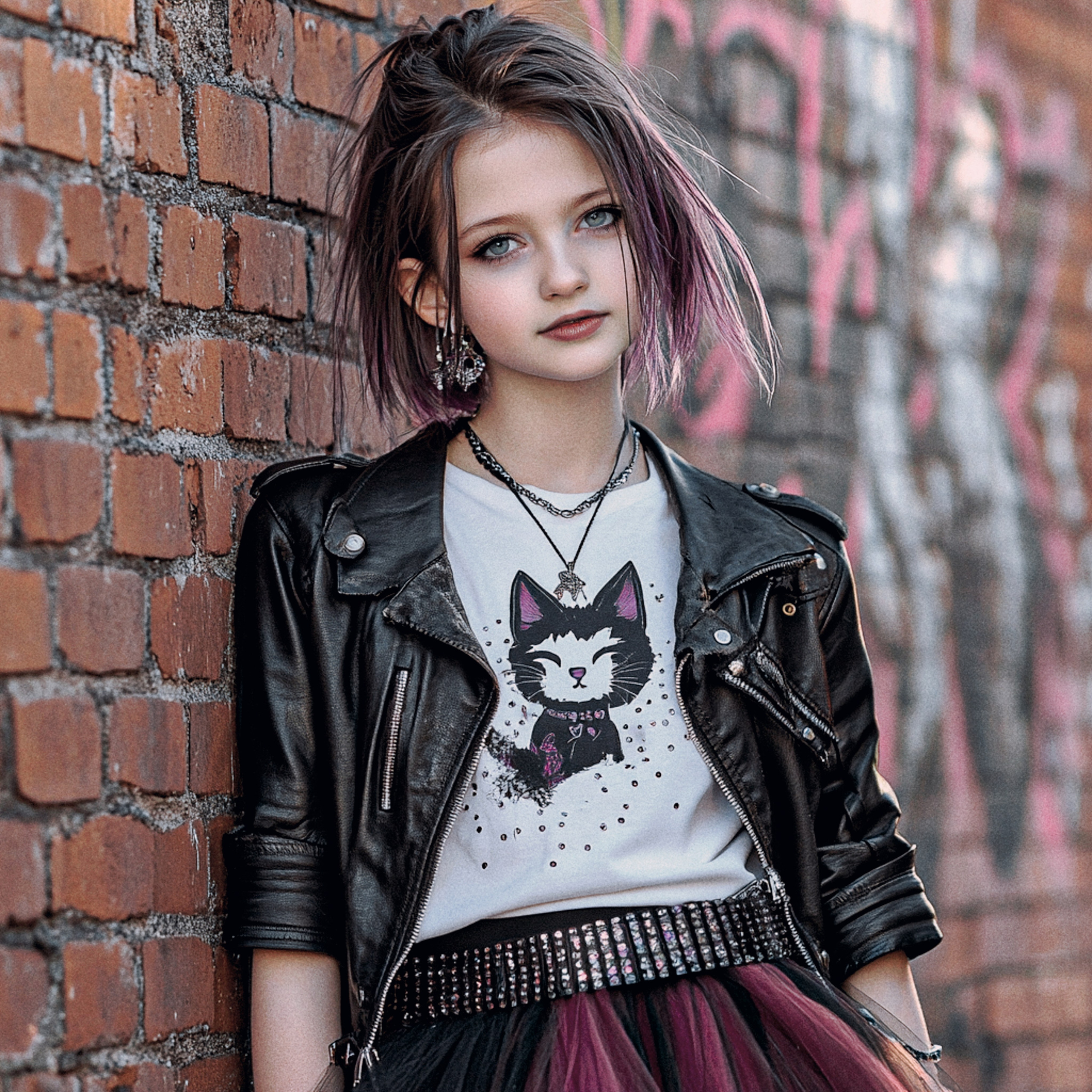 Девушка 12 лет в гранж-образе стоит у кирпичной стены: кожаная куртка, панковские украшения, дерзкая прическа, яркая темная подводка, тинт на губах