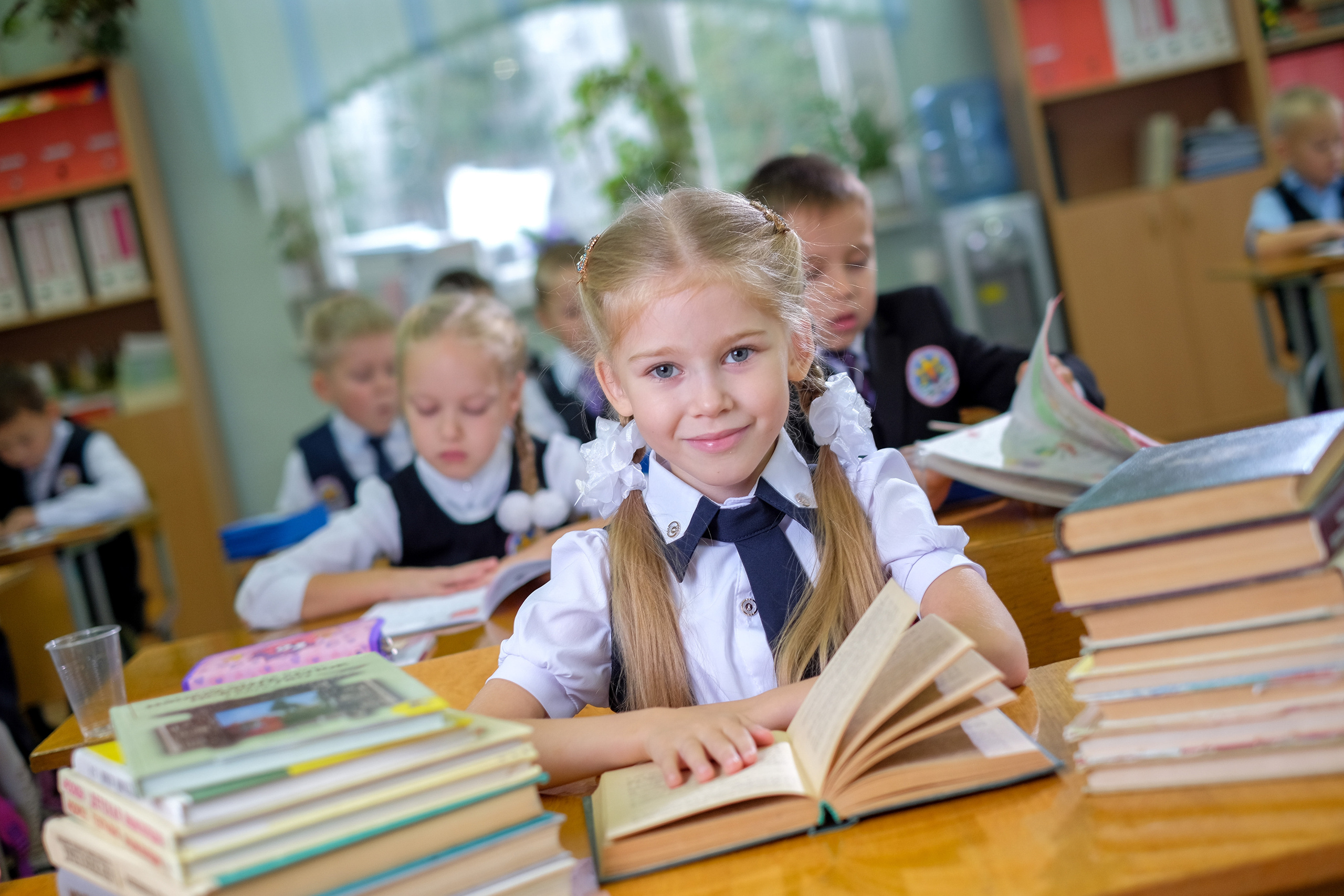 Девочка в школе с книгами