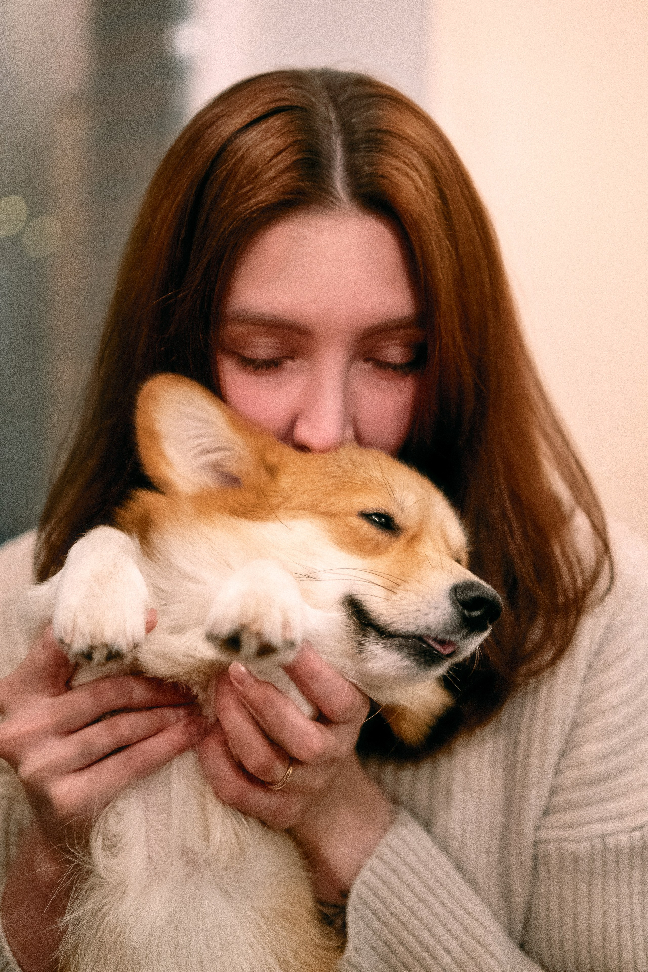 Девушка обнимает корги, девушка и собака.