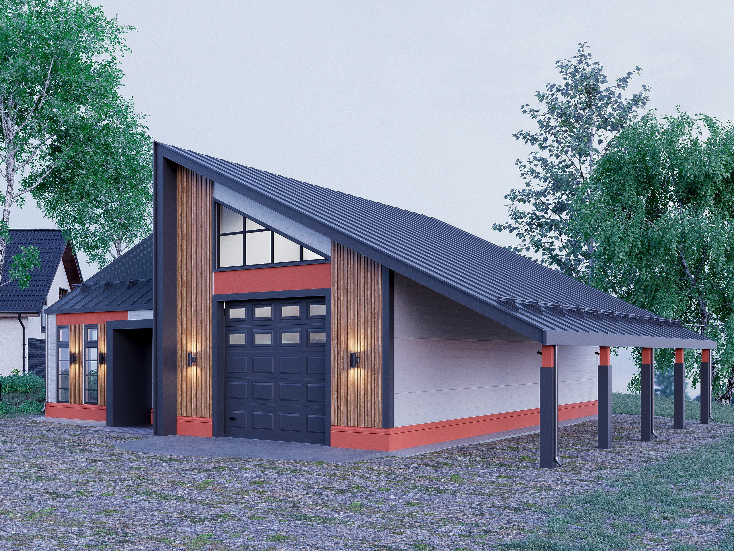 Технология строительства — ЛСТК с заполнением стен сэндвич-панелями. В качестве декора использованы фасонные элементы и древесно-полимерные композиты.