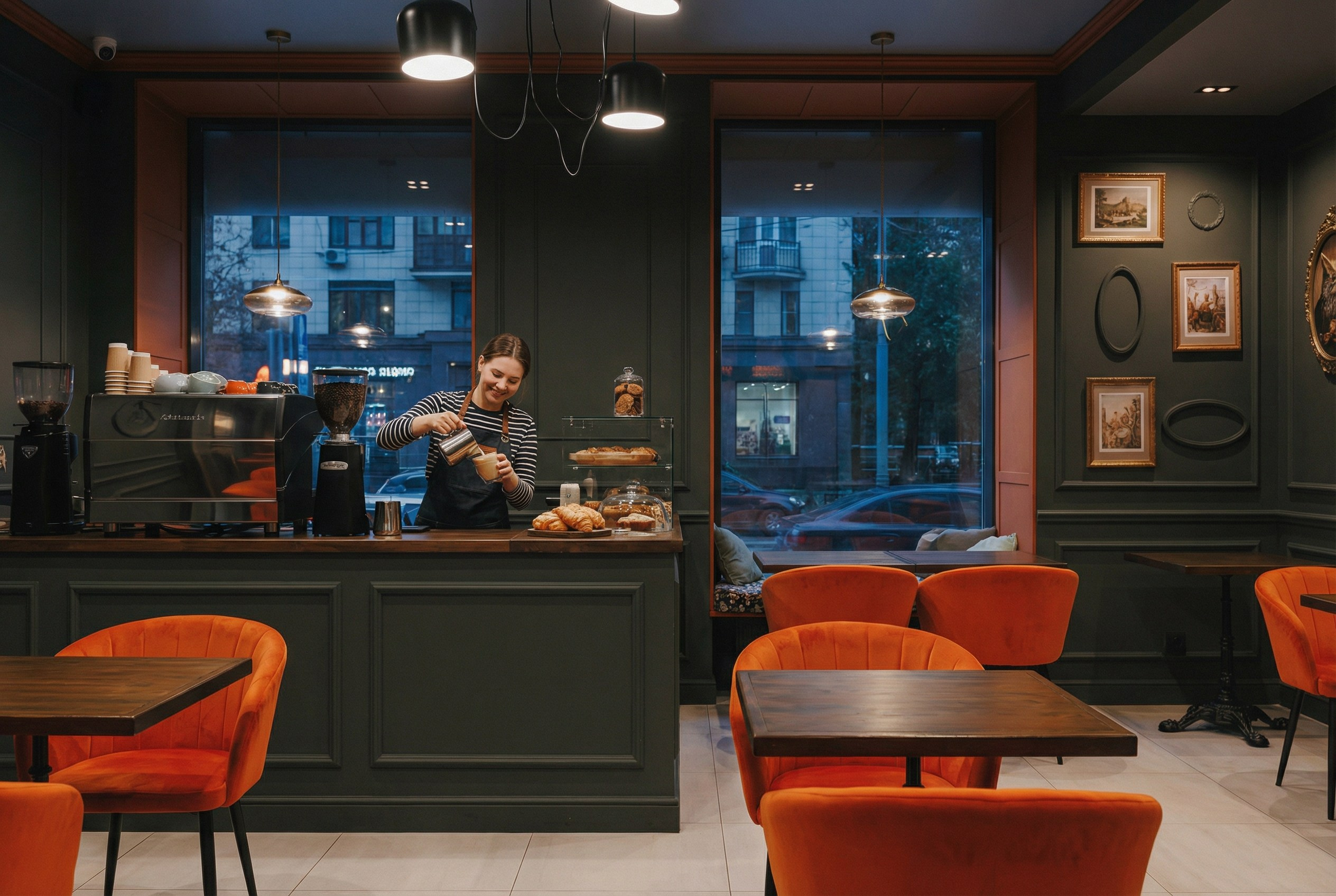 Фотосессия баристы в кафе в процессе работы