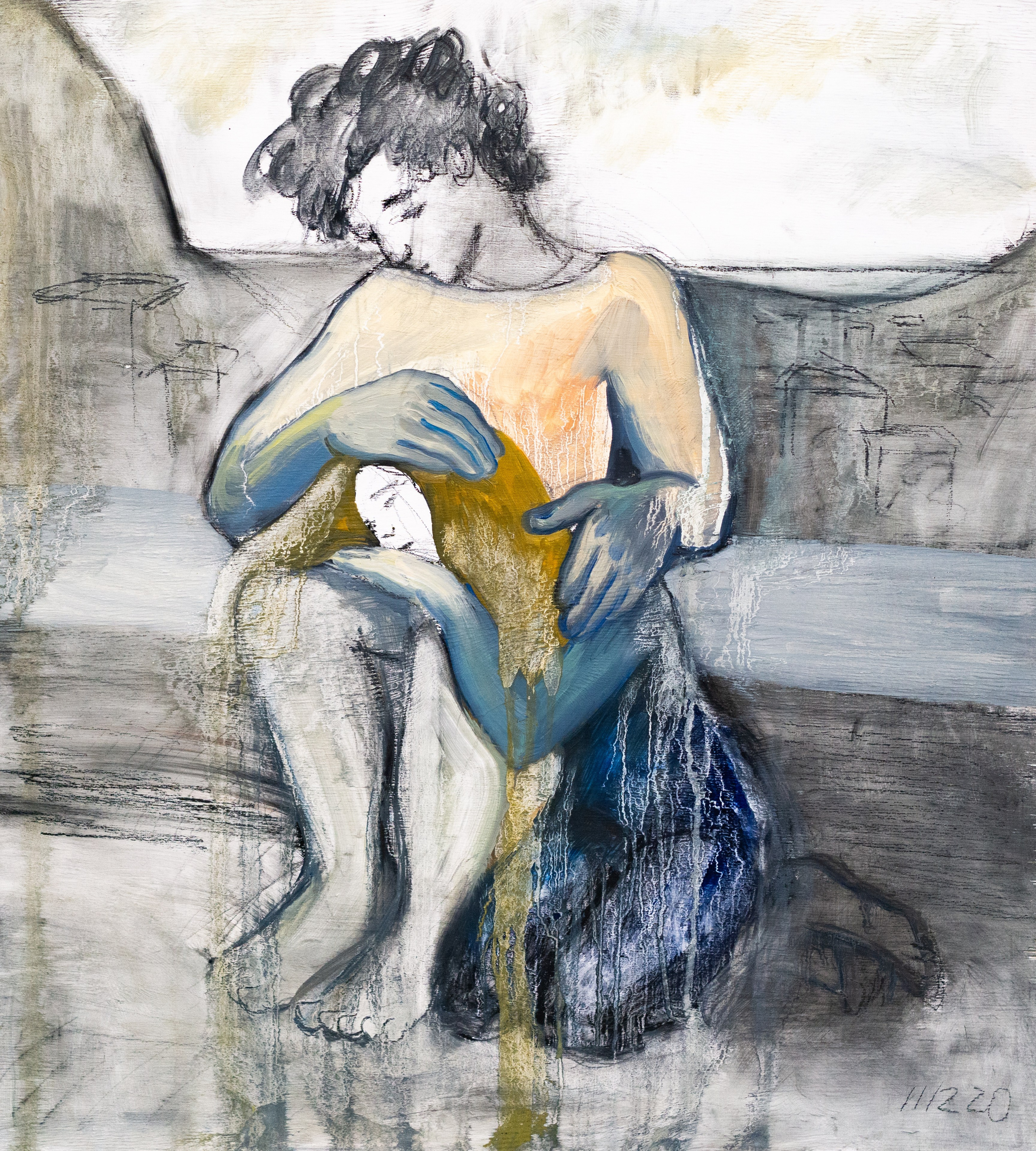 LOVERS / Oil, sauce on wood, 75 x 70 cm, 2021 / Amphitheater or stadium, all seats are occupied. Two men enter, rifles in hand, shouting, they can be seen from a high pedestal.  Many people died, and we couldn’t save them. How sad and hopeless it was. Fortunately, he supports me. Such a calm, loyal, understanding and affectionate friend. And there’s the sea in the distance.