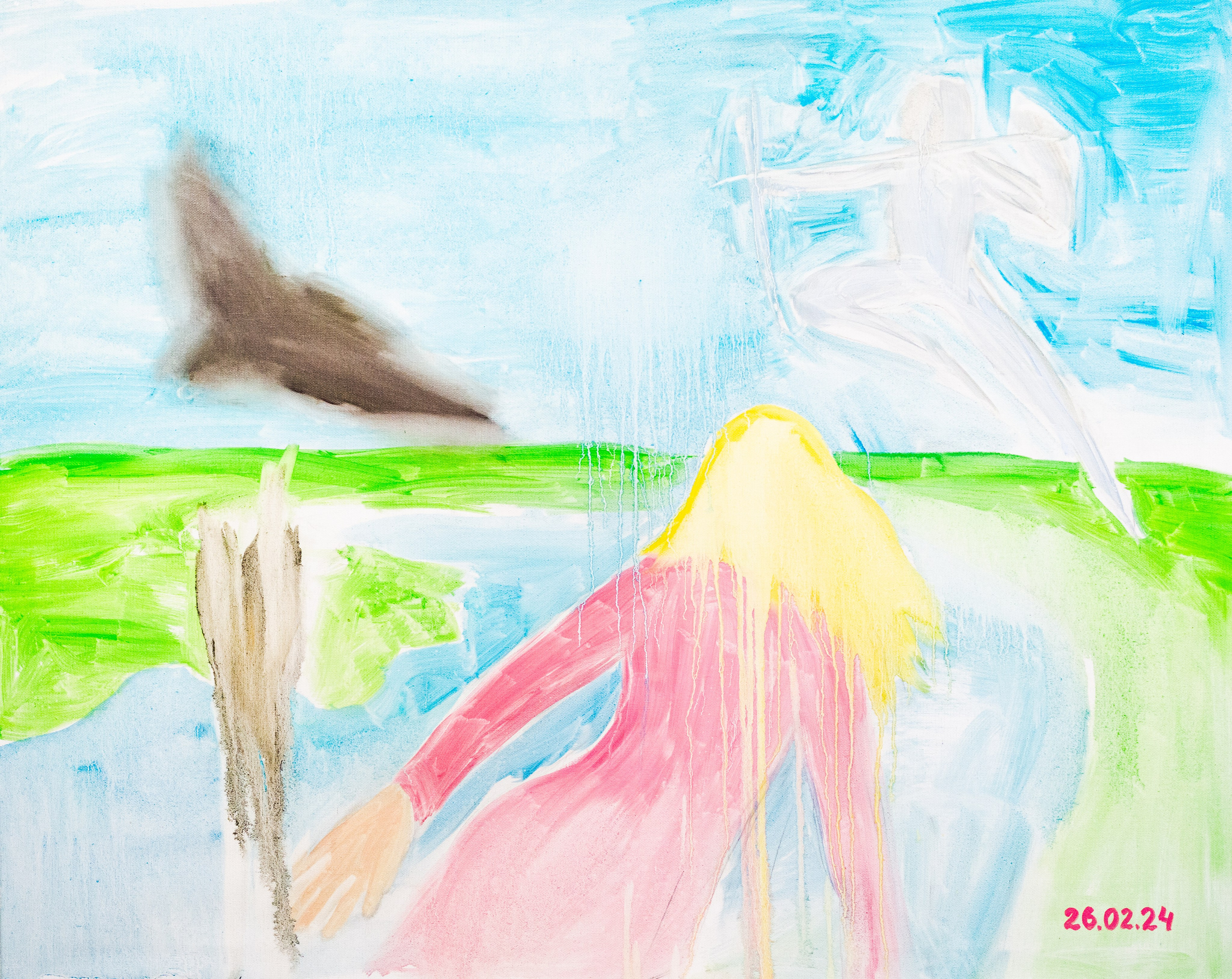 THE BIRD AND THE HUNTER / Oil on canvas, 100 x 80 cm, 2024 / I had a dream about floating above the ground and see far below a green field and a lake (Petushki, Vasilki village, in my childhood my grandfather used to take me fishing on this lake, I was afraid to touch the caught perch and pike). Very warm and sunny in summer. Next to me, at the same level, a hunter is hovering. Together we are stalking a black bird, an eagle or a hawk (in summer at the dacha I often noticed how they circle in the sky in search of prey). I beg the hunter not to kill the bird, but he fires his bow. At that moment I start to lose my balance and I am pulled to fall from a great height to the ground.